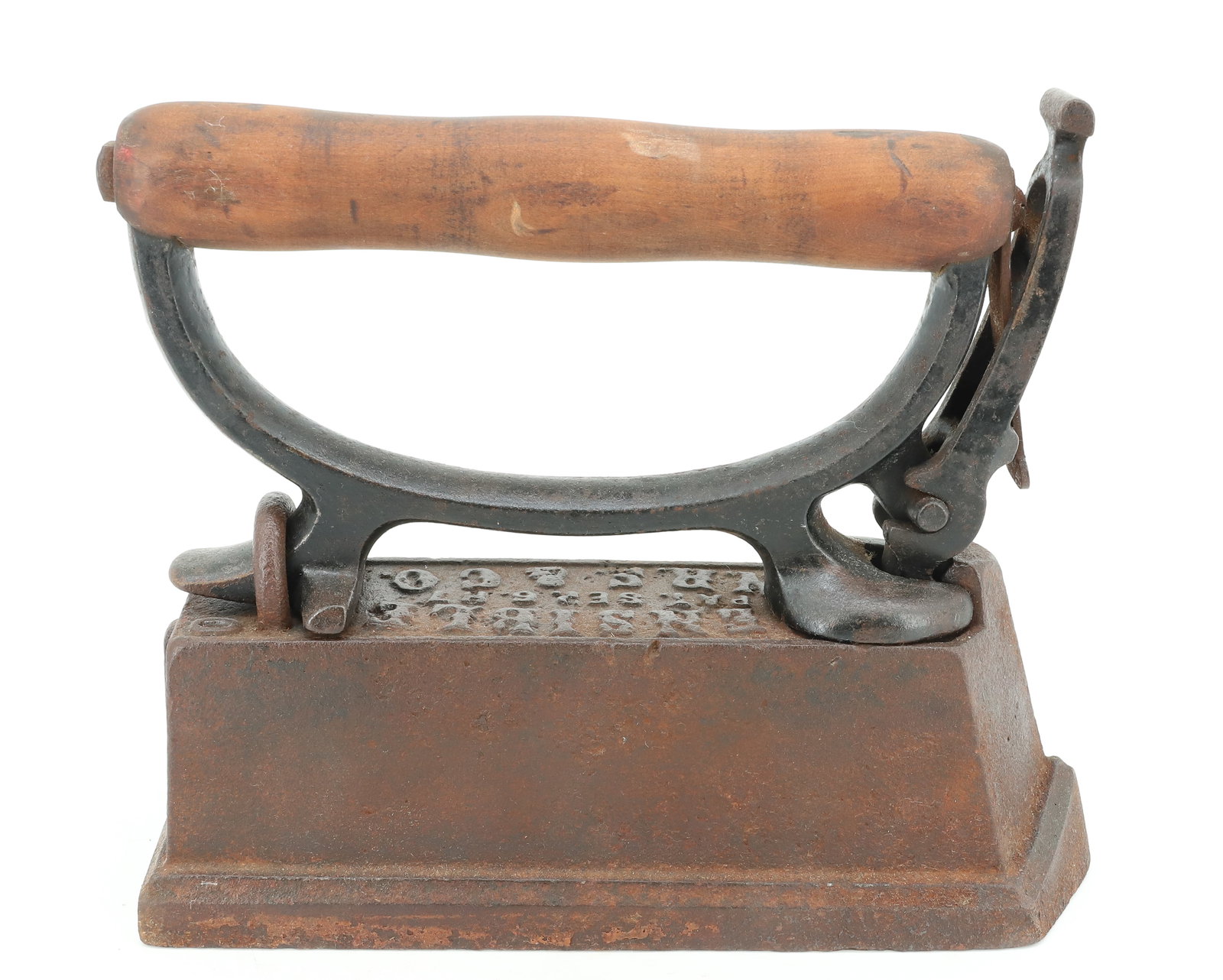 RARE SENSIBLE TAILOR IRON: PATENT SEPT. 6, 1887. DETACHABLE HANDLE. 10" L. PLEASE READ CAREFULLY - ITEMS MUST BE PAID FOR THROUGH LIVE AUCTIONEERS OR WITH CASH OR CHECK IN PERSON - Terms for Purchasing and Shipping of Auction I