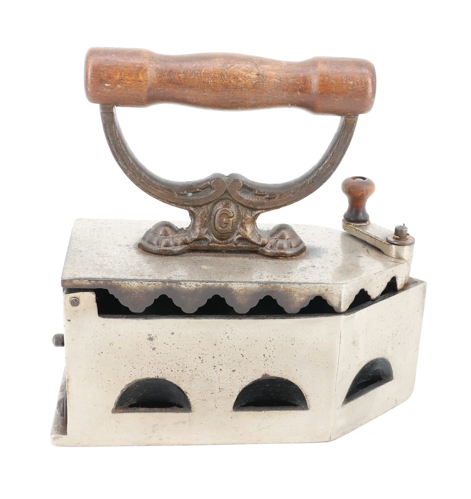 CHROME-PLATED CHARCOAL IRON: FRONT LATCH, REAR SWING GATE. 8" L. PLEASE READ CAREFULLY - ITEMS MUST BE PAID FOR THROUGH LIVE AUCTIONEERS OR WITH CASH OR CHECK IN PERSON - Terms for Purchasing and Shipping of Auction Items. Please