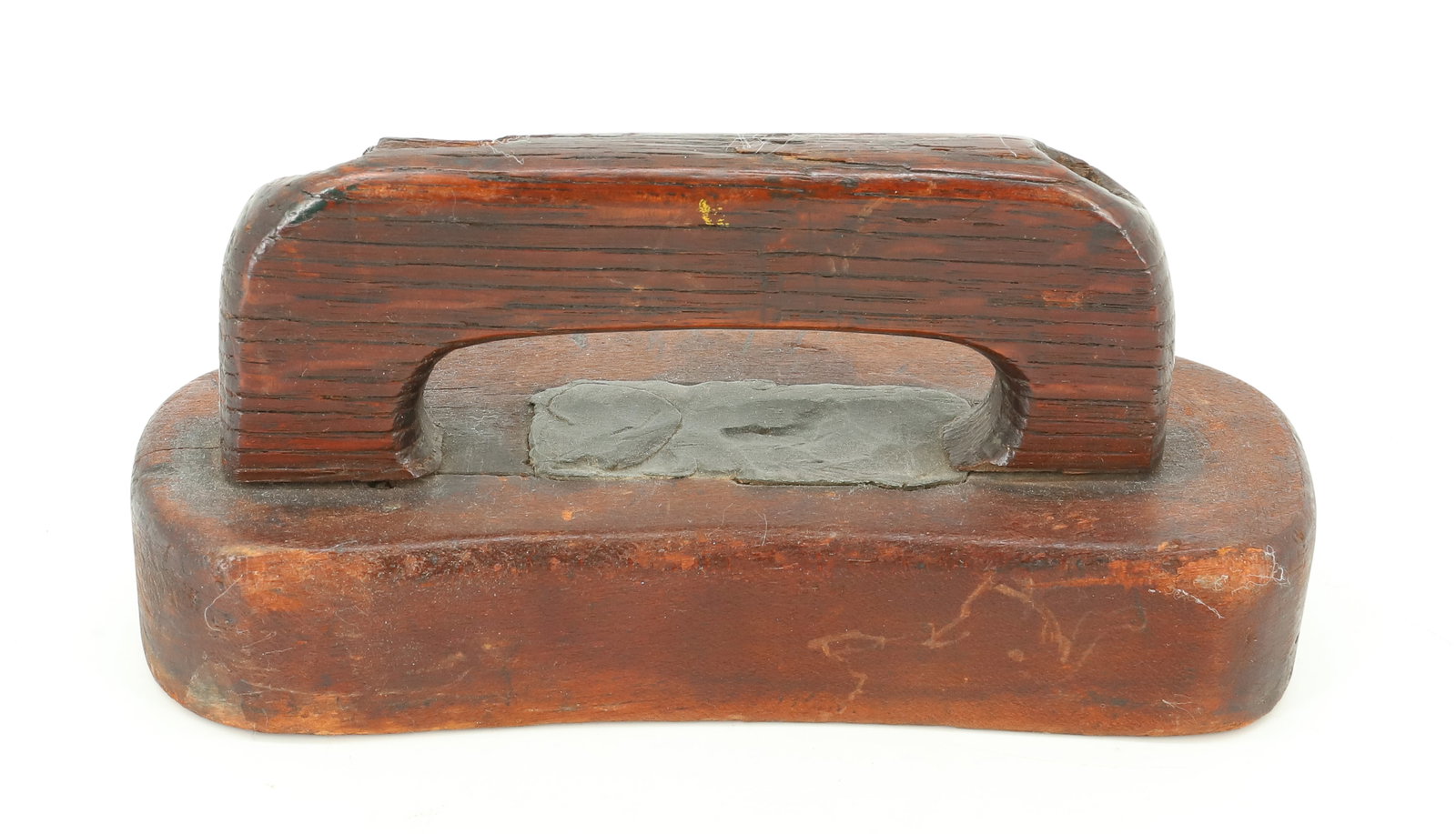 WOODEN HAT IRON: HANDMADE WOODEN IRON WITH KIDNEY SHAPE AND LEAD WEIGHTED TOP. 6 3/4" L. PLEASE READ CAREFULLY - ITEMS MUST BE PAID FOR THROUGH LIVE AUCTIONEERS OR WITH CASH OR CHECK IN PERSON - Terms for Purchasing a