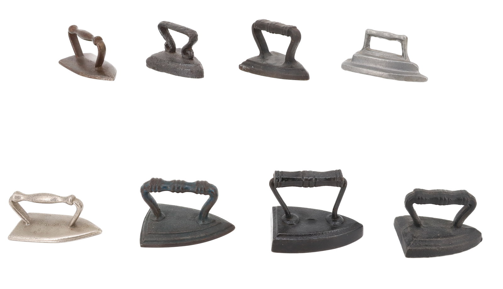 LOT OF SMALL SIZE TOY IRONS: (8) INCLUDING: TWO FLAT IRONS AND SIX SMALL UNMARKED SAD IRONS. 2 1/4" TO 3" LENGTHS. PLEASE READ CAREFULLY - ITEMS MUST BE PAID FOR THROUGH LIVE AUCTIONEERS OR WITH CASH OR CHECK IN PERSON - Terms fo