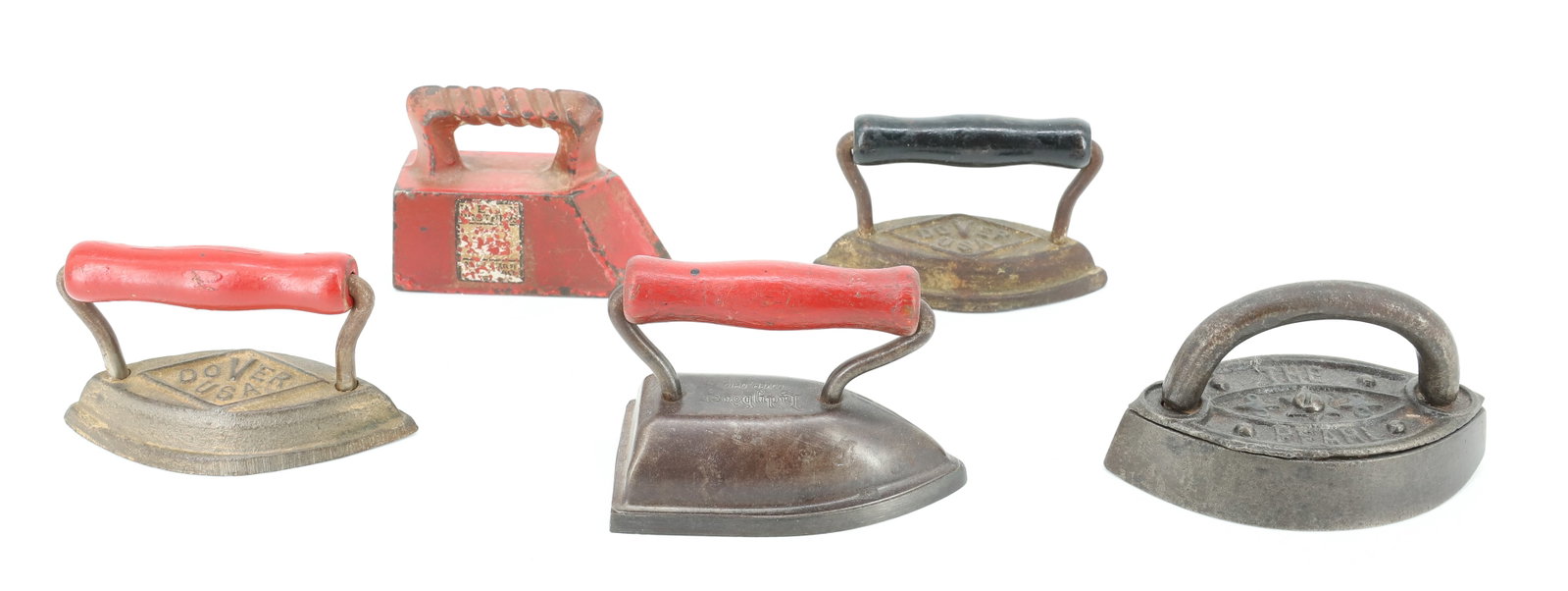 LOT OF SMALL SIZE TOY IRONS: (5) INCLUDING: RED GOOSE SHOES ADVERTISING. (2) DOVER DOUBLE-POINTS. LADY DOVER SAD IRON. "THE PEARL" WITH ARCHED HANDLE. 3 1/4" TO 4" LENGTHS. PLEASE READ CAREFULLY - ITEMS MUST BE PAID FOR THROUGH L