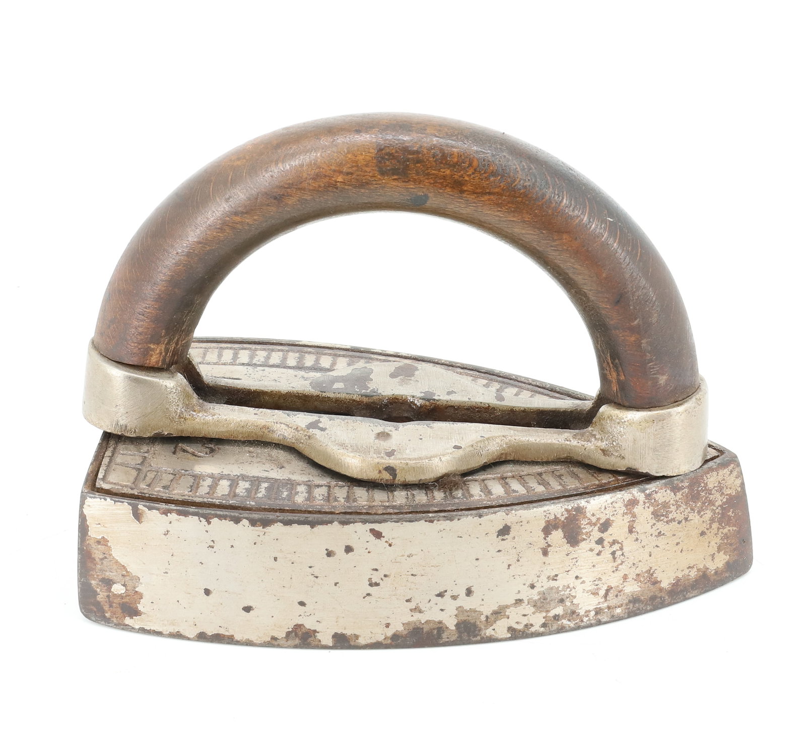PETER GREENWALT TURN HANDLE IRON: ARCHED WOODEN HANDLE. BASE MRKD. 2. NICKEL FINISH ON CAST IRON. 6 1/8" L. PLEASE READ CAREFULLY - ITEMS MUST BE PAID FOR THROUGH LIVE AUCTIONEERS OR WITH CASH OR CHECK IN PERSON - Terms for Purchasing