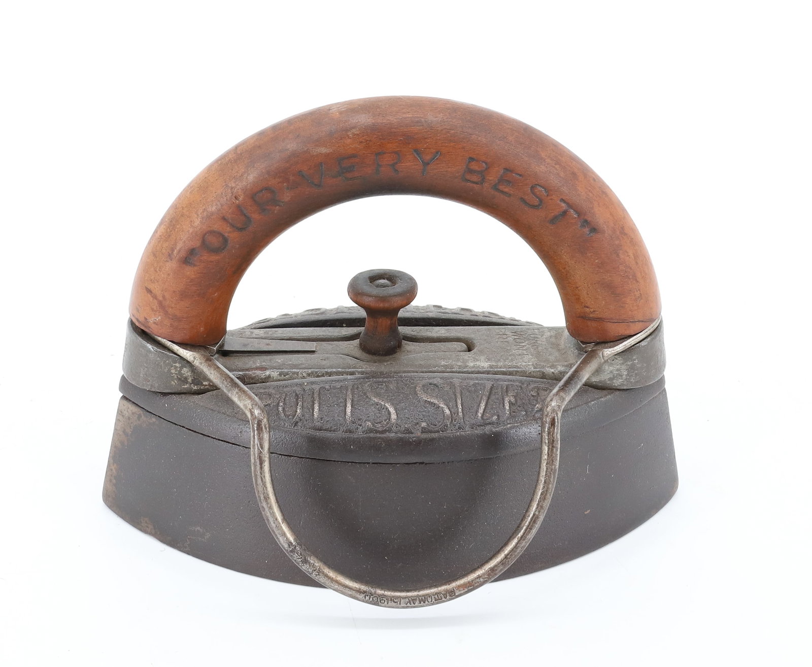 POTTS ANTIQUE REMOVABLE HANDLE IRON: WOODEN HANDLE MRKD. "OUR VERY BEST". POTTS SIZE 2 "BEST ON EARTH" 6 1/2" L. PLEASE READ CAREFULLY - ITEMS MUST BE PAID FOR THROUGH LIVE AUCTIONEERS OR WITH CASH OR CHECK IN PERSON - Terms for