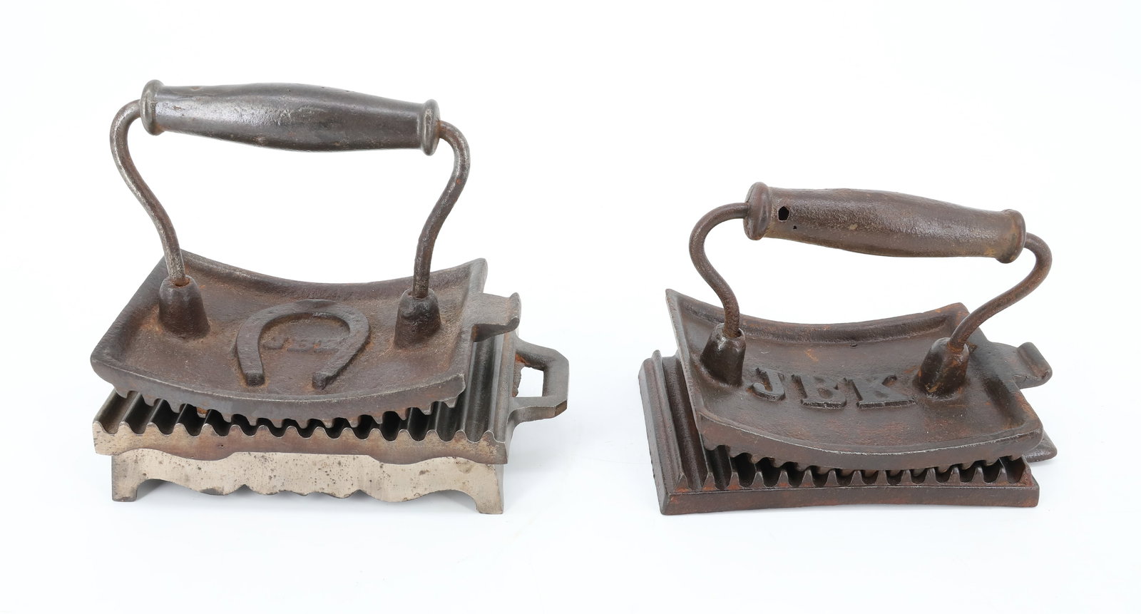 (2) ANTIQUE ROCKER / FLUTERS: JBH HORSESHOE AND "JBK" (TWO PIECE). 5 1/2" AND 5 3/4" BASE LENGTHS. PLEASE READ CAREFULLY - ITEMS MUST BE PAID FOR THROUGH LIVE AUCTIONEERS OR WITH CASH OR CHECK IN PERSON - Terms for Purchasing and 
