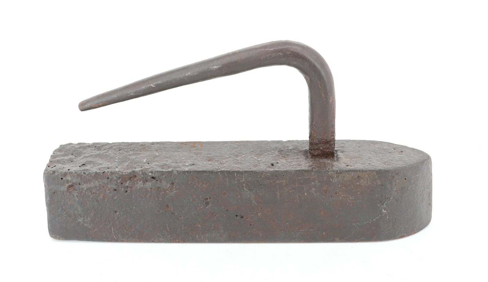 UNUSUAL HANDWROUGHT TAILOR IRON: APPLIED BENT ROD HANDLE. 10" L. PLEASE READ CAREFULLY - ITEMS MUST BE PAID FOR THROUGH LIVE AUCTIONEERS OR WITH CASH OR CHECK IN PERSON - Terms for Purchasing and Shipping of Auction Items. Please rea