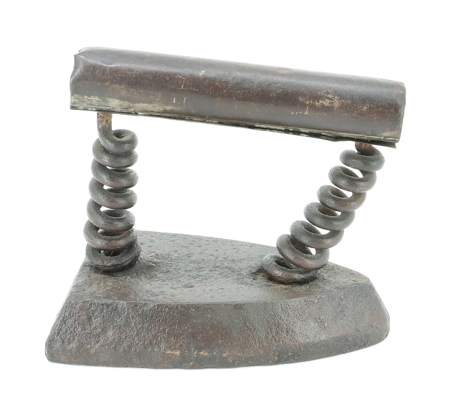 COILED SPRING FLAT IRON: S.H. CUMMINGS JUNE 30, 1868. 6" L. WOOD HANDLE COVERED IN TIN. PLEASE READ CAREFULLY - ITEMS MUST BE PAID FOR THROUGH LIVE AUCTIONEERS OR WITH CASH OR CHECK IN PERSON - Terms for Purchasing and Shippi