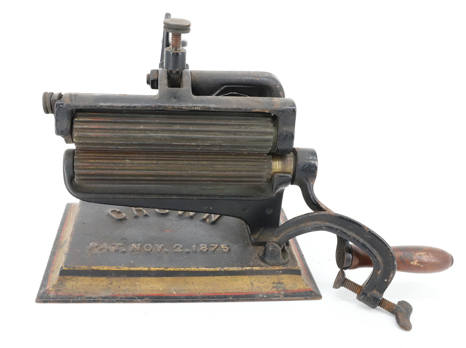 CROWN FLUTING MACHINE: TRACES OF ORIGINAL PAINT. PATENT NOV. 2, 1875. BRASS ROLLERS 6". PLEASE READ CAREFULLY - ITEMS MUST BE PAID FOR THROUGH LIVE AUCTIONEERS OR WITH CASH OR CHECK IN PERSON - Terms for Purchasing and Ship