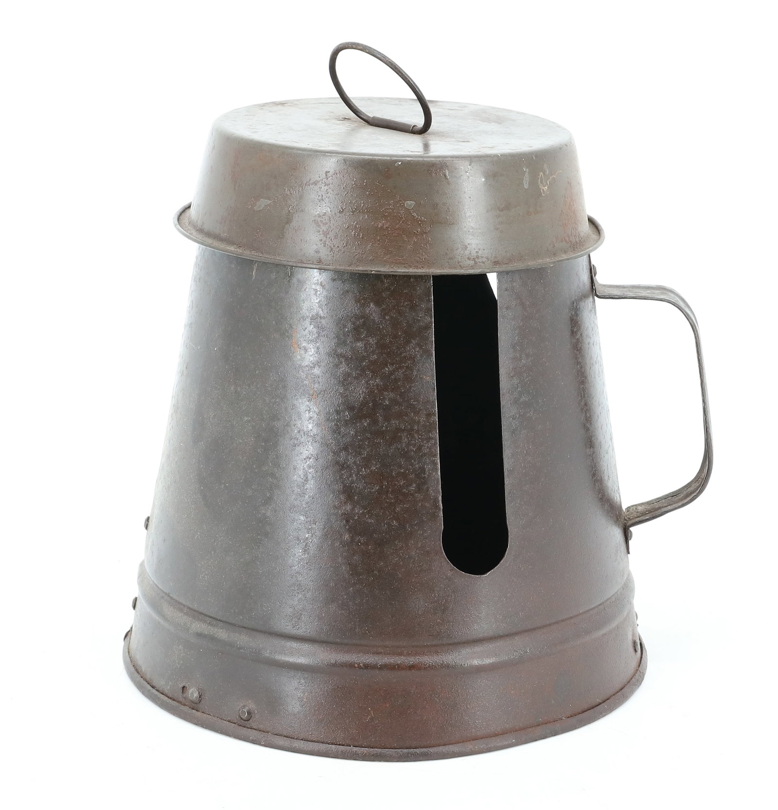 HANDMADE SAD IRON HEATER: HOLDS THREE IRONS WITH HANDLE ON SIDE. MADE OF SHEET METAL. WITH LID. 8" H. PLEASE READ CAREFULLY - ITEMS MUST BE PAID FOR THROUGH LIVE AUCTIONEERS OR WITH CASH OR CHECK IN PERSON - Terms for Purchasi