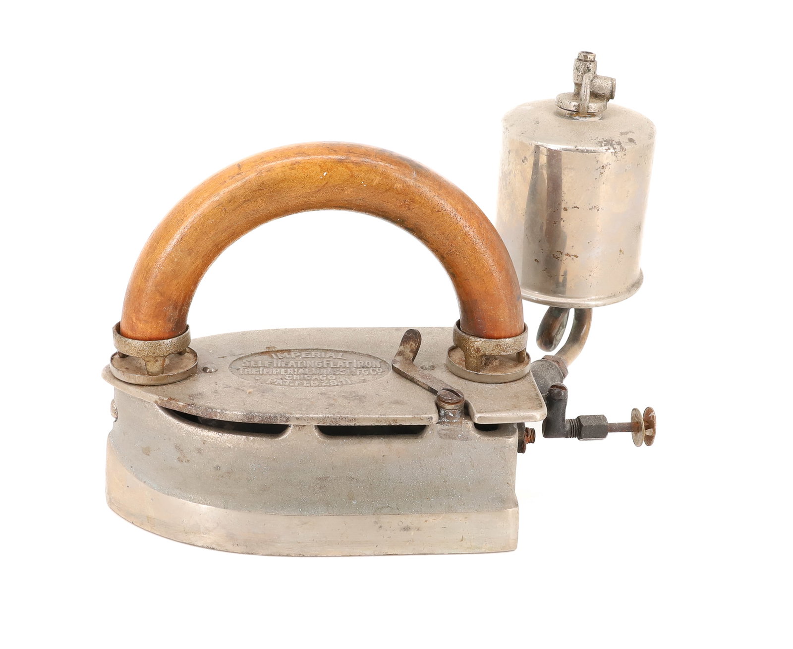 IMPERIAL SELF-HEATING FLAT IRON: REAR FUEL TANK. SIDE LATCH, CHICAGO, ILLINOIS. PAT. FEB. 28, '11. 6 1/4" L. PLEASE READ CAREFULLY - ITEMS MUST BE PAID FOR THROUGH LIVE AUCTIONEERS OR WITH CASH OR CHECK IN PERSON - Terms for