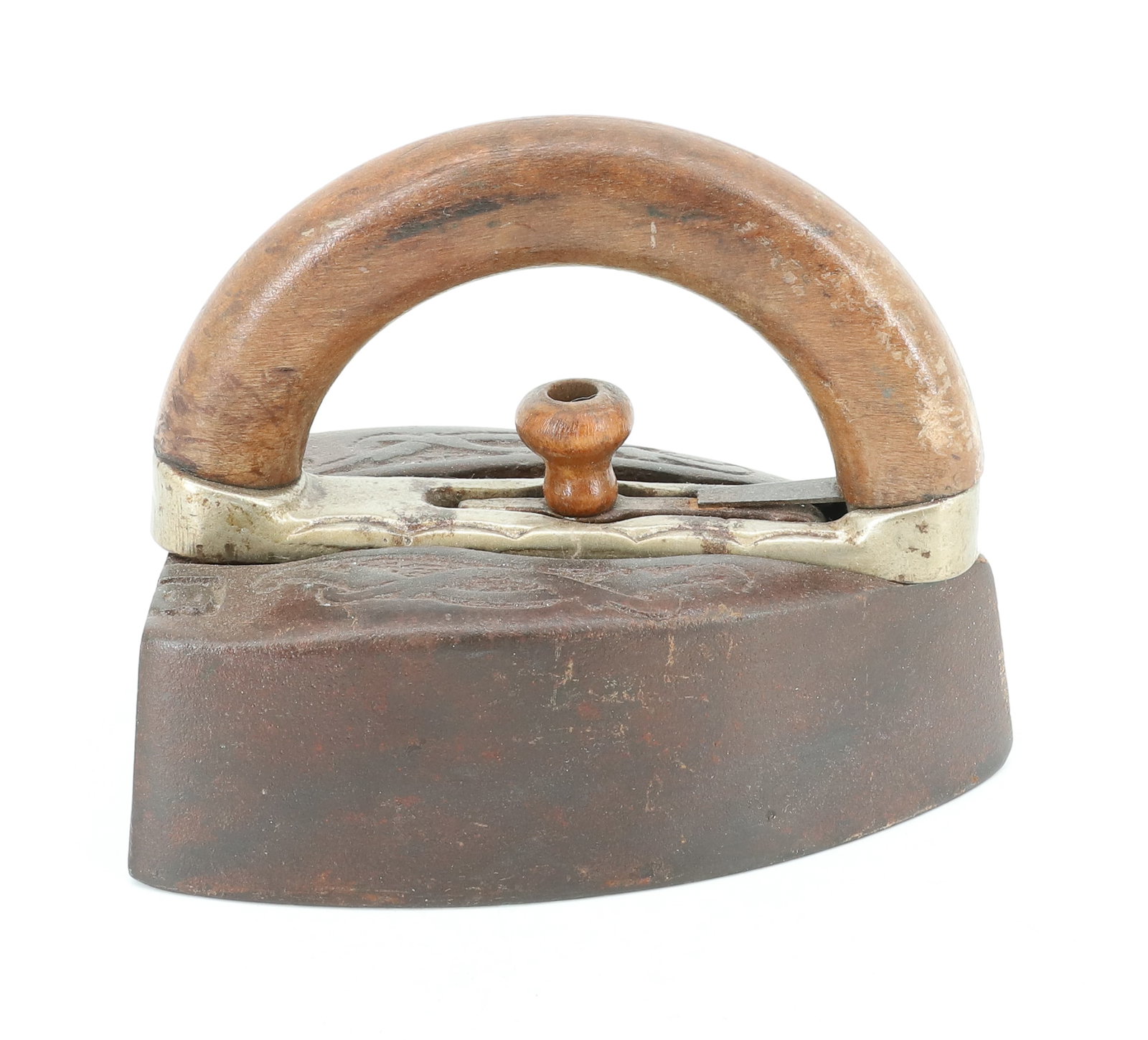 DETACHABLE HANDLE IRON: #8 WITH THICK BASE AND ARCHED WOODEN HANDLE. 6" L. PLEASE READ CAREFULLY - ITEMS MUST BE PAID FOR THROUGH LIVE AUCTIONEERS OR WITH CASH OR CHECK IN PERSON - Terms for Purchasing and Shipping of