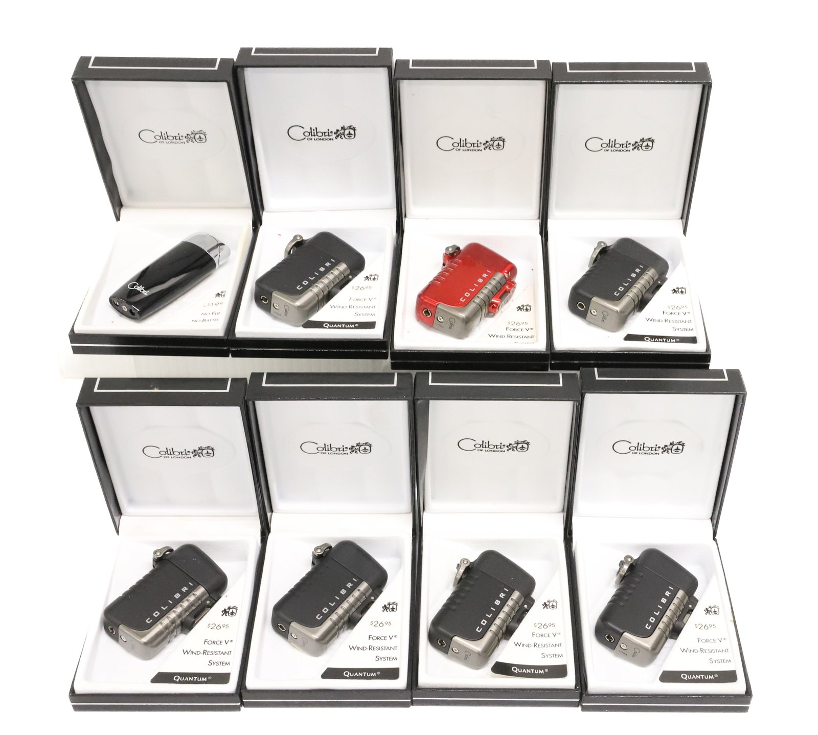 (8) Colibri of London Lighters, Original Boxes: Quantum Wind Resistant and Electro-Quartz. PLEASE READ CAREFULLY - ITEMS MUST BE PAID FOR THROUGH LIVE AUCTIONEERS OR WITH CASH OR CHECK IN PERSON - Terms for Purchasing and Shipping of Auction Items.