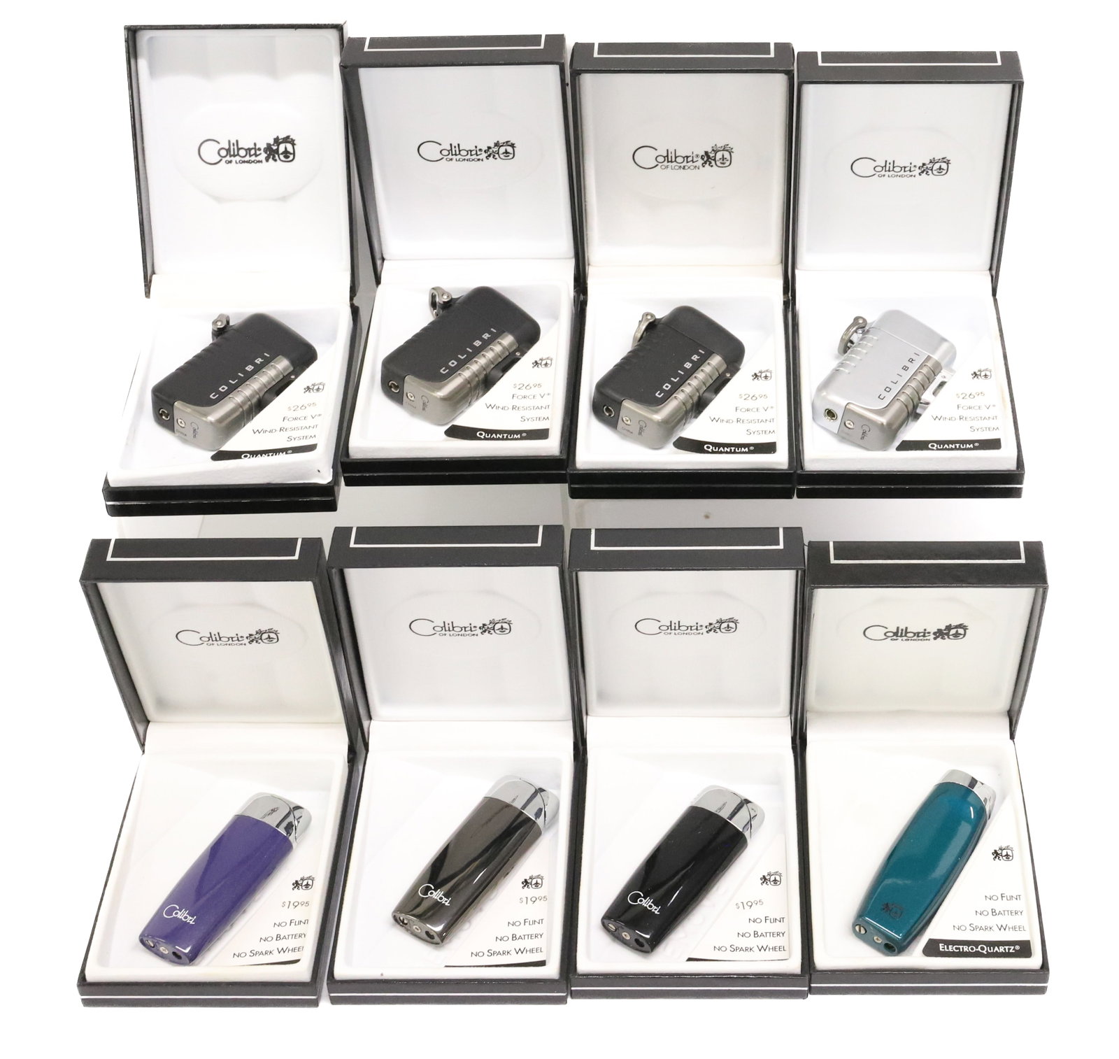 (8) Colibri of London Lighters, Original Boxes: Quantum Wind Resistant and Electro-Quartz. PLEASE READ CAREFULLY - ITEMS MUST BE PAID FOR THROUGH LIVE AUCTIONEERS OR WITH CASH OR CHECK IN PERSON - Terms for Purchasing and Shipping of Auction Items.