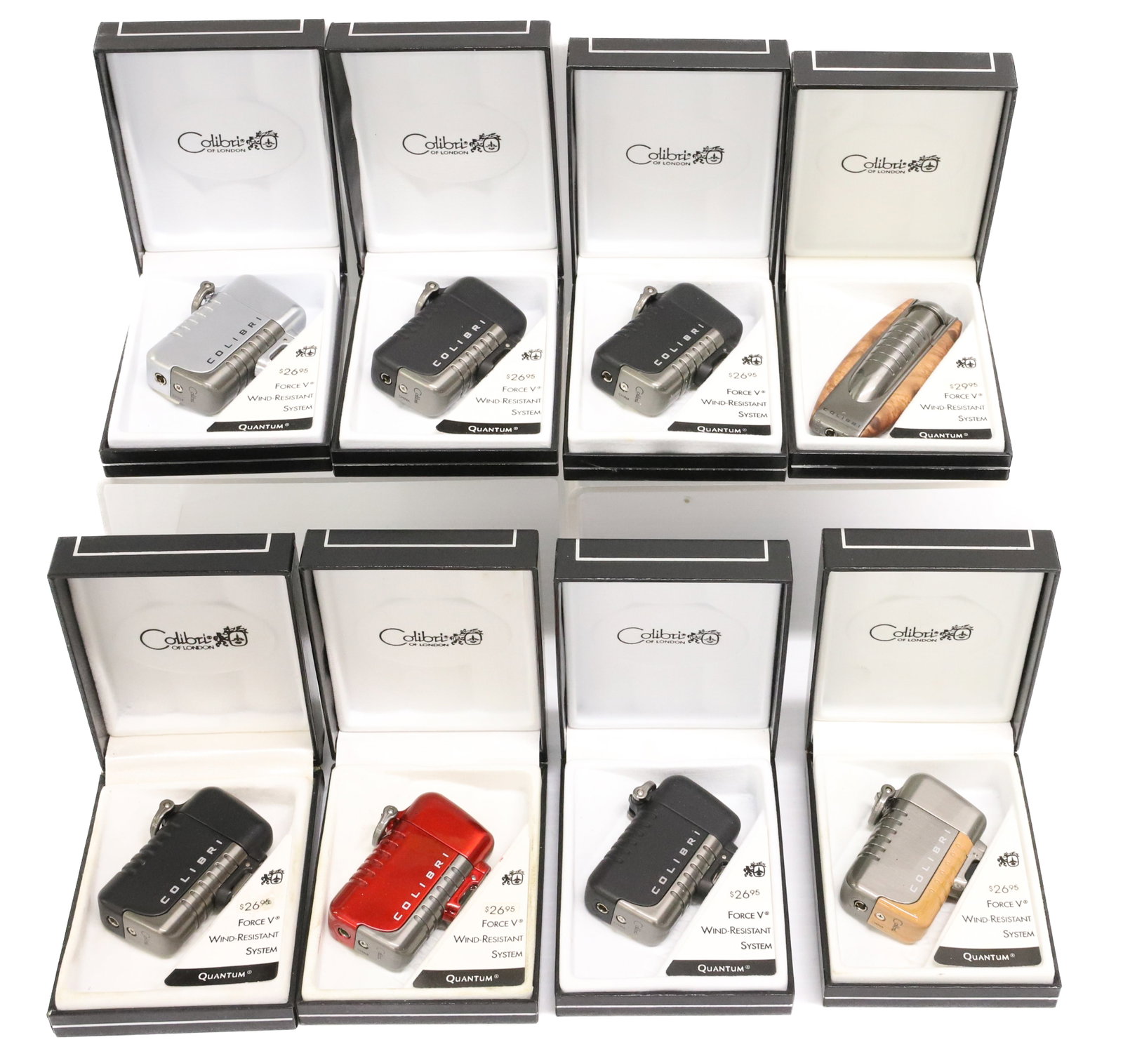 (8) Colibri of London Lighters, Original Boxes: Quantum Wind Resistant. PLEASE READ CAREFULLY - ITEMS MUST BE PAID FOR THROUGH LIVE AUCTIONEERS OR WITH CASH OR CHECK IN PERSON - Terms for Purchasing and Shipping of Auction Items. Please read carefu