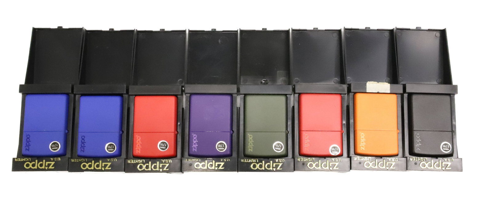(8) Zippo Lighters, New in Boxes: Solid Colors. PLEASE READ CAREFULLY - ITEMS MUST BE PAID FOR THROUGH LIVE AUCTIONEERS OR WITH CASH OR CHECK IN PERSON - Terms for Purchasing and Shipping of Auction Items. Please read carefully before
