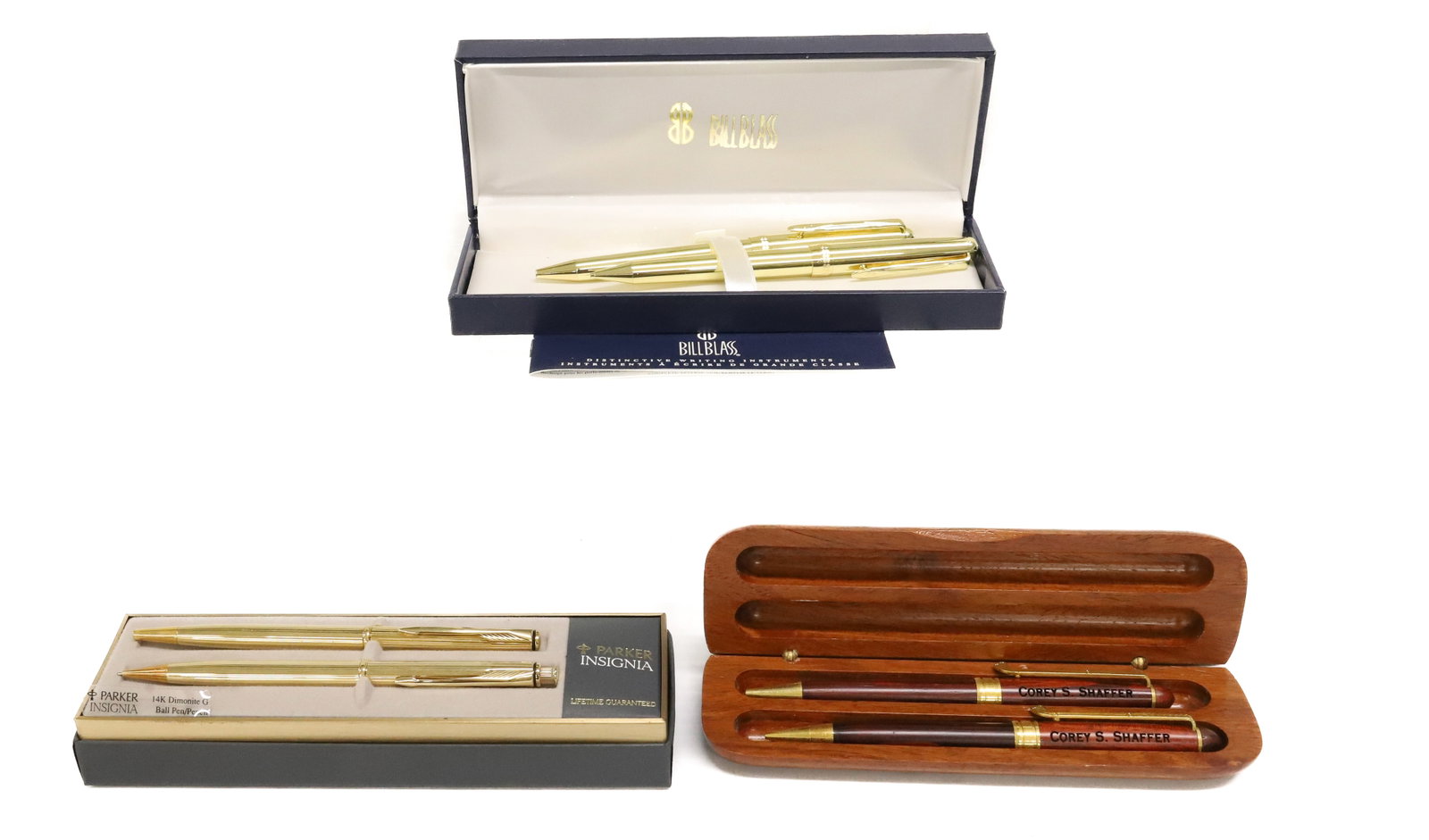 Lot of Pen Sets: Bill Blass, Parker Insignia, and Personalized Wooden Set. PLEASE READ CAREFULLY - ITEMS MUST BE PAID FOR THROUGH LIVE AUCTIONEERS OR WITH CASH OR CHECK IN PERSON - Terms for Purchasing and Shipping of