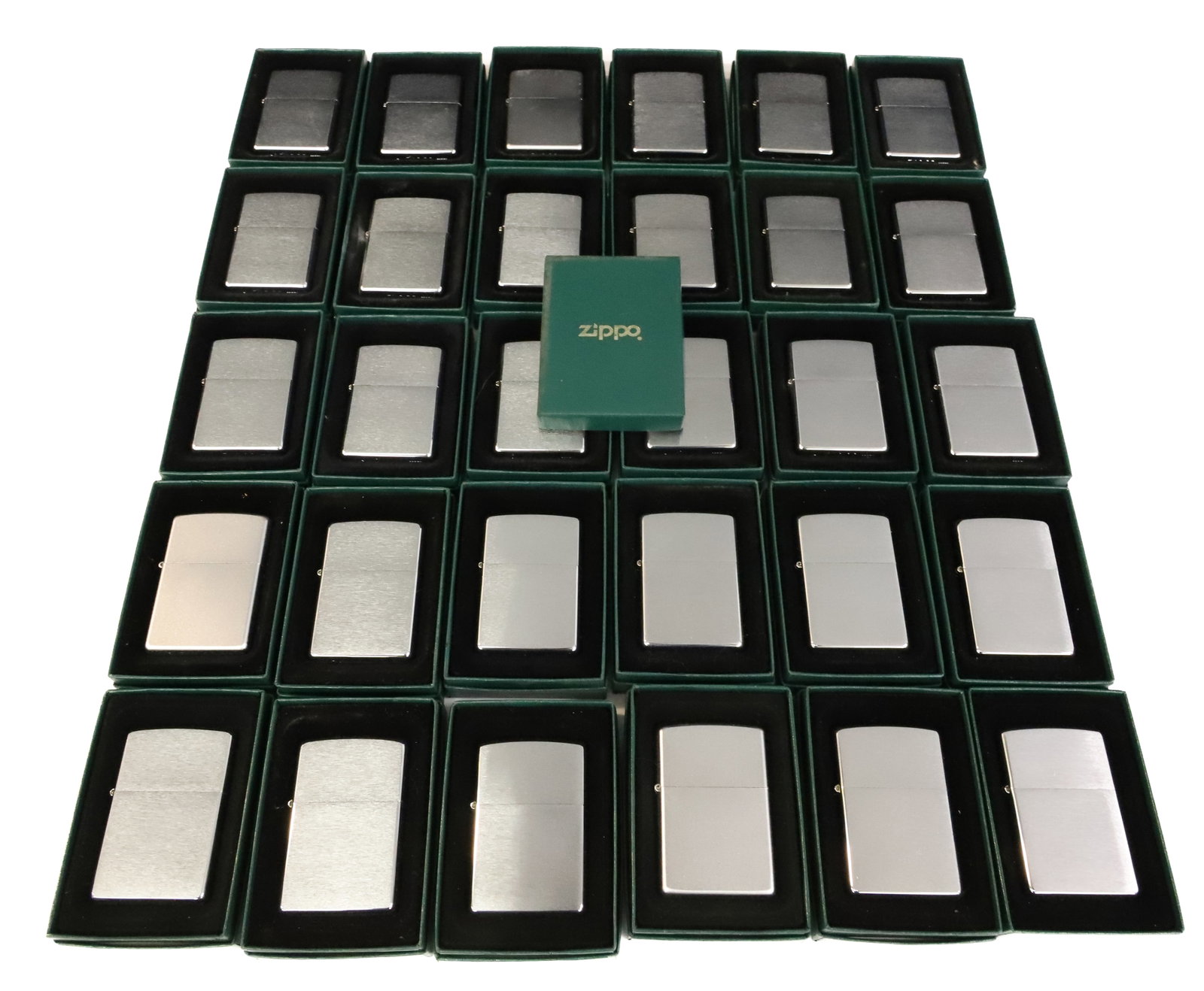 (30) Zippo Lighters New in Box: Brushed Metal Finish. PLEASE READ CAREFULLY - ITEMS MUST BE PAID FOR THROUGH LIVE AUCTIONEERS OR WITH CASH OR CHECK IN PERSON - Terms for Purchasing and Shipping of Auction Items. Please read