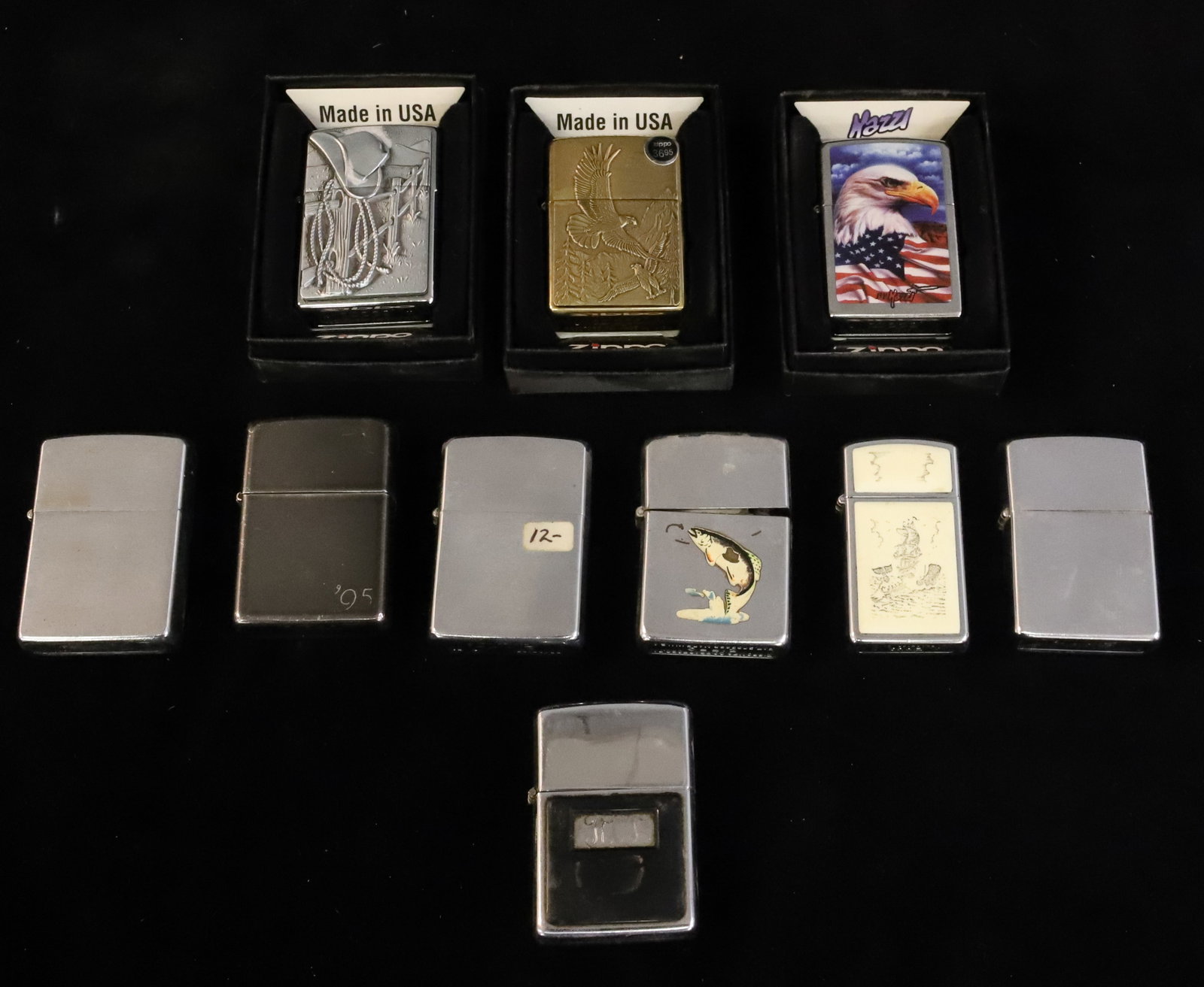 (10) Zippo Lighters: Some in Original Boxes. Brushed and Shiny Finishes. PLEASE READ CAREFULLY - ITEMS MUST BE PAID FOR THROUGH LIVE AUCTIONEERS OR WITH CASH OR CHECK IN PERSON - Terms for Purchasing and Shipping of