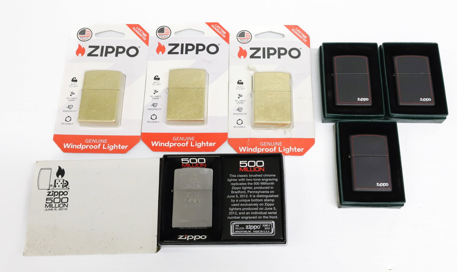 (7) Zippo Lighters: New in Box.One special edition and three Windproof. PLEASE READ CAREFULLY - ITEMS MUST BE PAID FOR THROUGH LIVE AUCTIONEERS OR WITH CASH OR CHECK IN PERSON - Terms for Purchasing and Shipping of Aucti