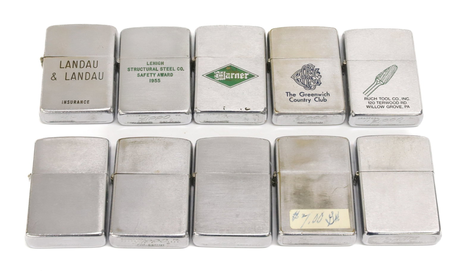 (8) Zippo Lighters, Some Advertising: Brushed Finishes. No boxes. PLEASE READ CAREFULLY - ITEMS MUST BE PAID FOR THROUGH LIVE AUCTIONEERS OR WITH CASH OR CHECK IN PERSON - Terms for Purchasing and Shipping of Auction Items. Please read ca