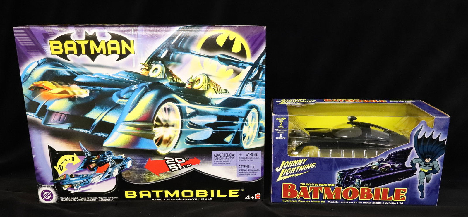 (2) Batman Batmobiles, New in Boxes.: Mattel Batmobile Vehicle (20") and Johnny Lightning Batmobile 1:24 Scale Diecast Model Kit. PLEASE READ CAREFULLY - ITEMS MUST BE PAID FOR THROUGH LIVE AUCTIONEERS OR WITH CASH OR CHECK IN PERSON -