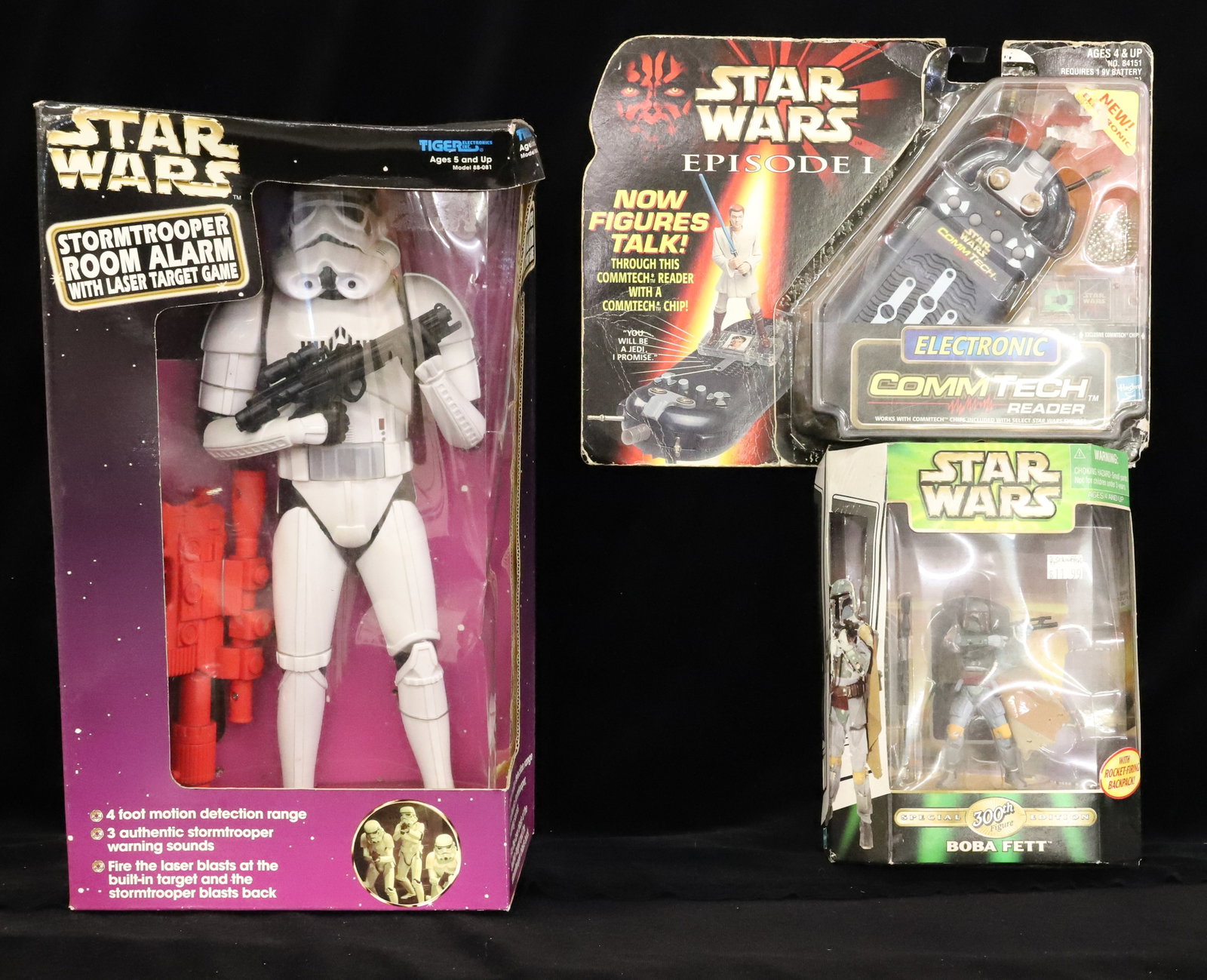 Lot of Star Wars Toys, Original Boxes.: Including: Stormtrooper Room Alarm, Boba Fett Special edition 300th Figure (hasbro) and Star Wars episode I Commtech Reader (hasbro). PLEASE READ CAREFULLY - ITEMS MUST BE PAID FOR THROUGH LIVE