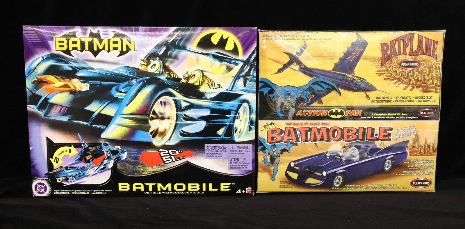 Lot of Batman Toys: Including: Batmobile (20" by Mattel) and Unopened Batman Action Pak (Batplane and Batmobile). PLEASE READ CAREFULLY - ITEMS MUST BE PAID FOR THROUGH LIVE AUCTIONEERS OR WITH CASH OR CHECK IN PERSON - 