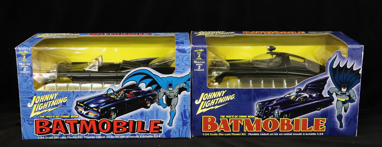 (2) Johnny Lightning Batmobiles: 1950s and 1960s 1:24 die-cast model kit. PLEASE READ CAREFULLY - ITEMS MUST BE PAID FOR THROUGH LIVE AUCTIONEERS OR WITH CASH OR CHECK IN PERSON - Terms for Purchasing and Shipping of Auction Items.