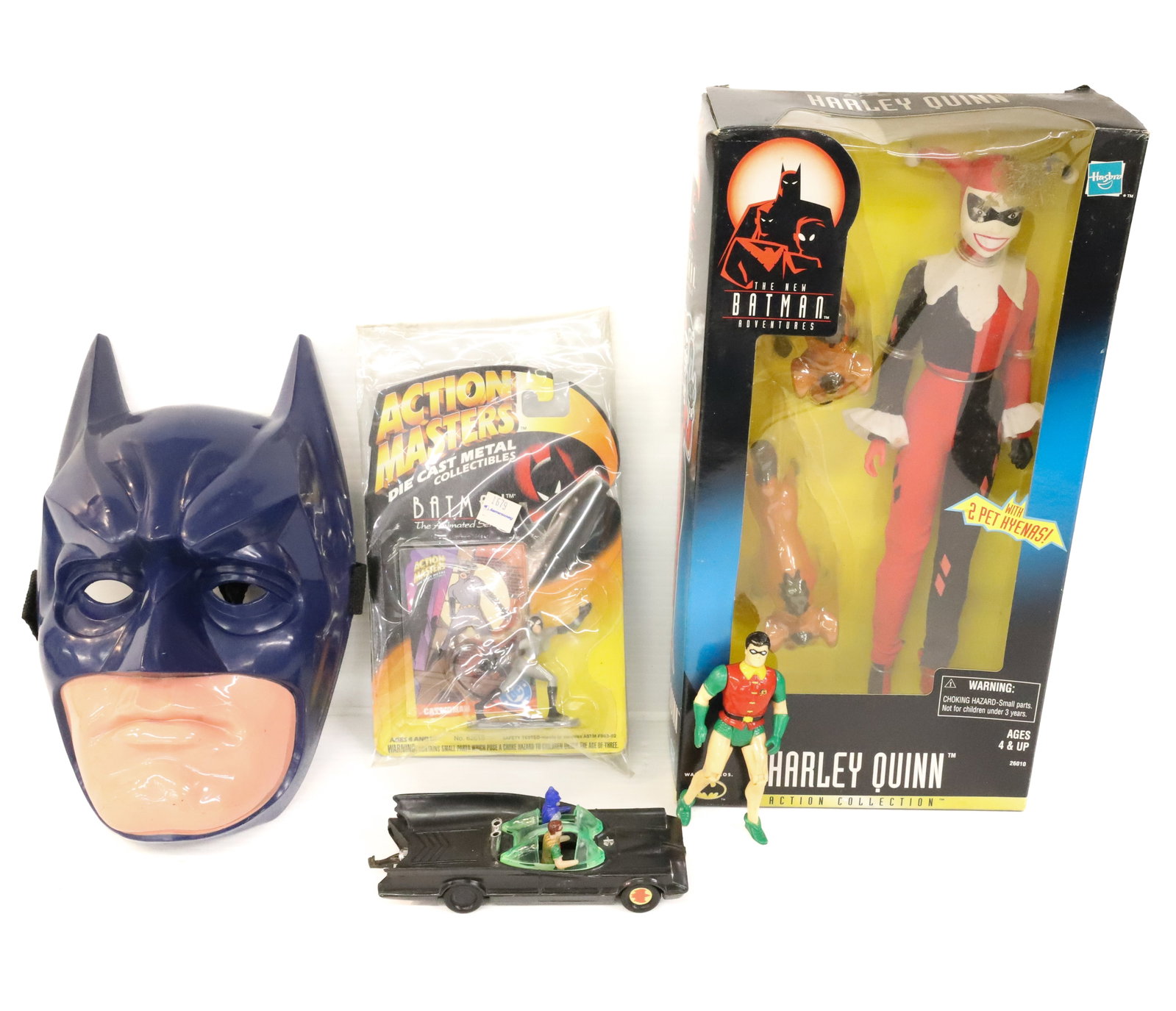 Lot of Batman Items: Including: Mask, Molded plastic Batmobile (1974), Jointed Robin Figure, Catwoman by Action Masters and Harley Quinn Figure in Box w/ Two Pet Hyenas (warner bros.). PLEASE READ CAREFULLY - ITEMS MUST B