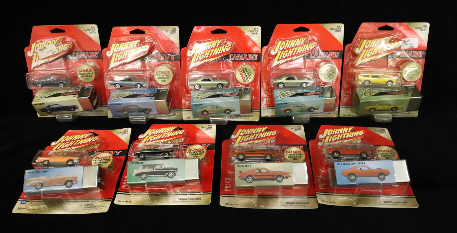 Lot of Johnny Lightning Pro Collector Series Cars: Including: Chevy, Camaro, Mustang, Mopar. With, storage tins. Original Packaging. PLEASE READ CAREFULLY - ITEMS MUST BE PAID FOR THROUGH LIVE AUCTIONEERS OR WITH CASH OR CHECK IN PERSON - Terms for