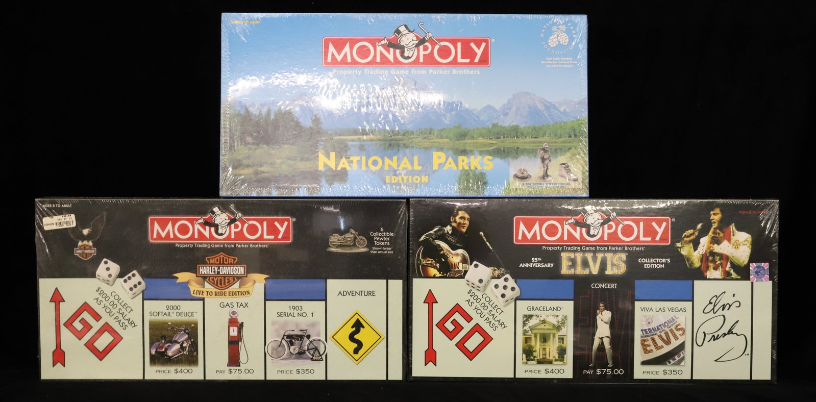 (3) Monopoly Collector's Games: Including: Harley-Davidson, Elvis, National Parks Editions. Unopened. PLEASE READ CAREFULLY - ITEMS MUST BE PAID FOR THROUGH LIVE AUCTIONEERS OR WITH CASH OR CHECK IN PERSON - Terms for Purchasing
