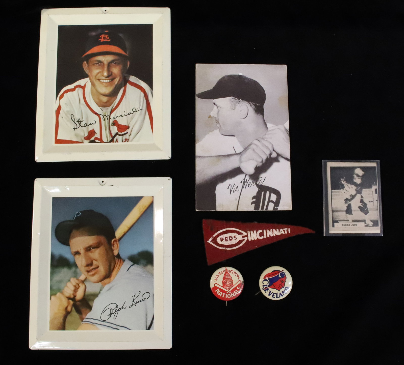 Lot of Vintage Baseball Memorabilia: Including: (2) Wheaties Trays (Stan Musial and Ralph Kiner), Vic Wertz Photo, mini Cincinnati pennant, Cleveland and Washington Nationals Pin and Oscar Judd depiction on cardboard. PLEASE READ CAREFUL