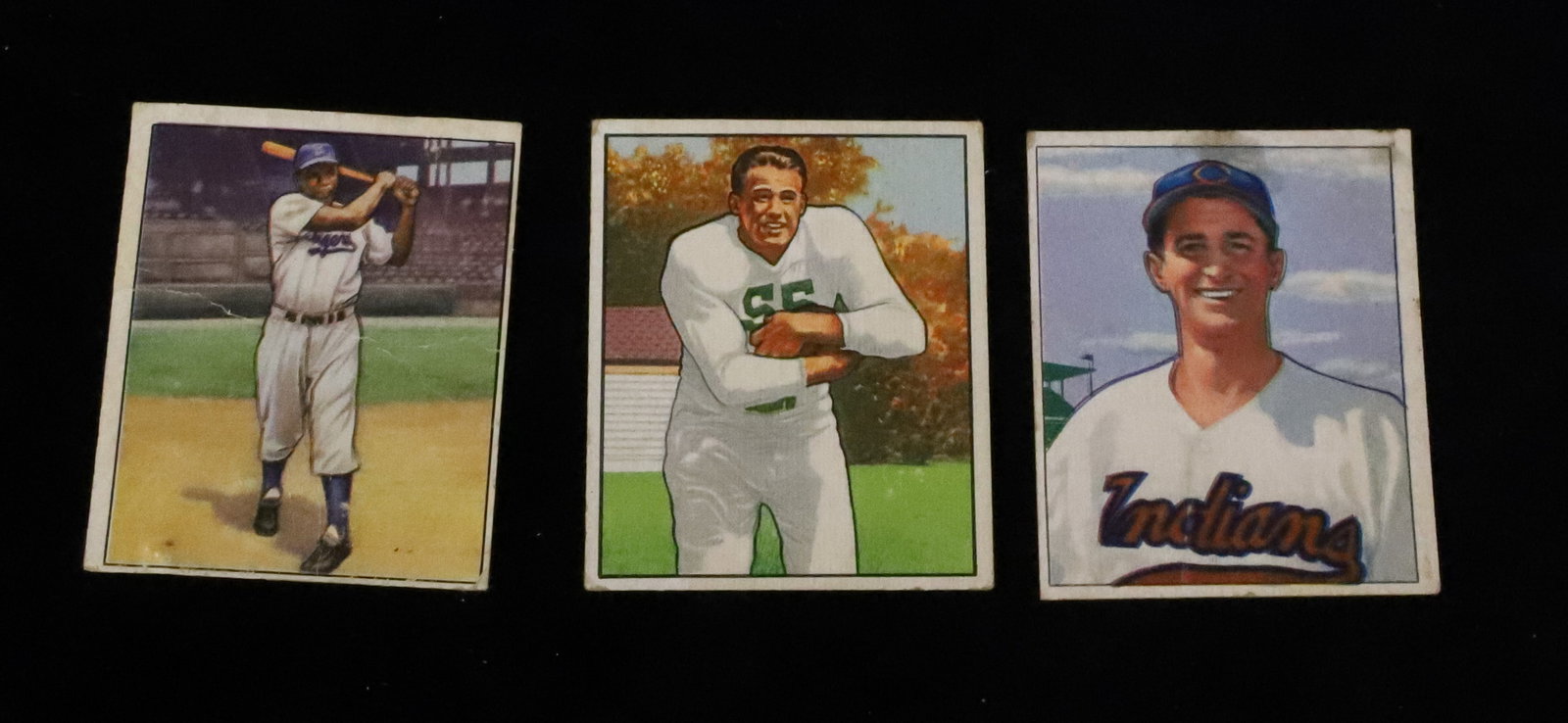 (3) 1950 Bowman Baseball / Football Cards, Jackie Robinson: Including: Jackie Robinson, James Vernon and Billy Stone. PLEASE READ CAREFULLY - ITEMS MUST BE PAID FOR THROUGH LIVE AUCTIONEERS OR WITH CASH OR CHECK IN PERSON - Terms for Purchasing and Shipping of