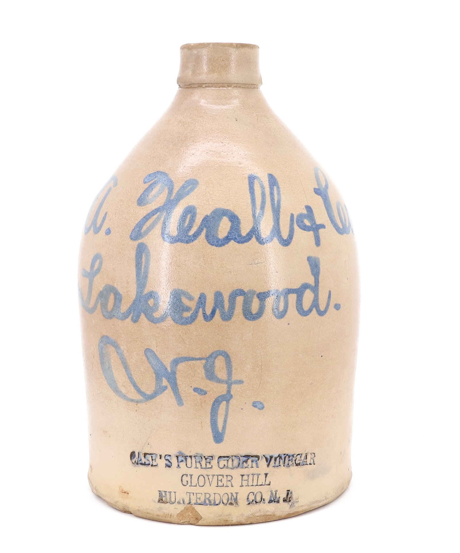 LAKEWOOD, NJ BLUE SCRIPT ADVERTISING JUG: STONEWARE JUG MARKED; C.A. HEALL & CO. - LAKEWOOD, N.J. "IMPRESSED CASE'S CURE CIDER VINEGAR, CLOVER-HILL HUNTERDON CO. N.J. - 11 3/4" H PLEASE READ CAREFULLY - ITEMS MUST BE PAID FOR THROUGH LIVE AUC