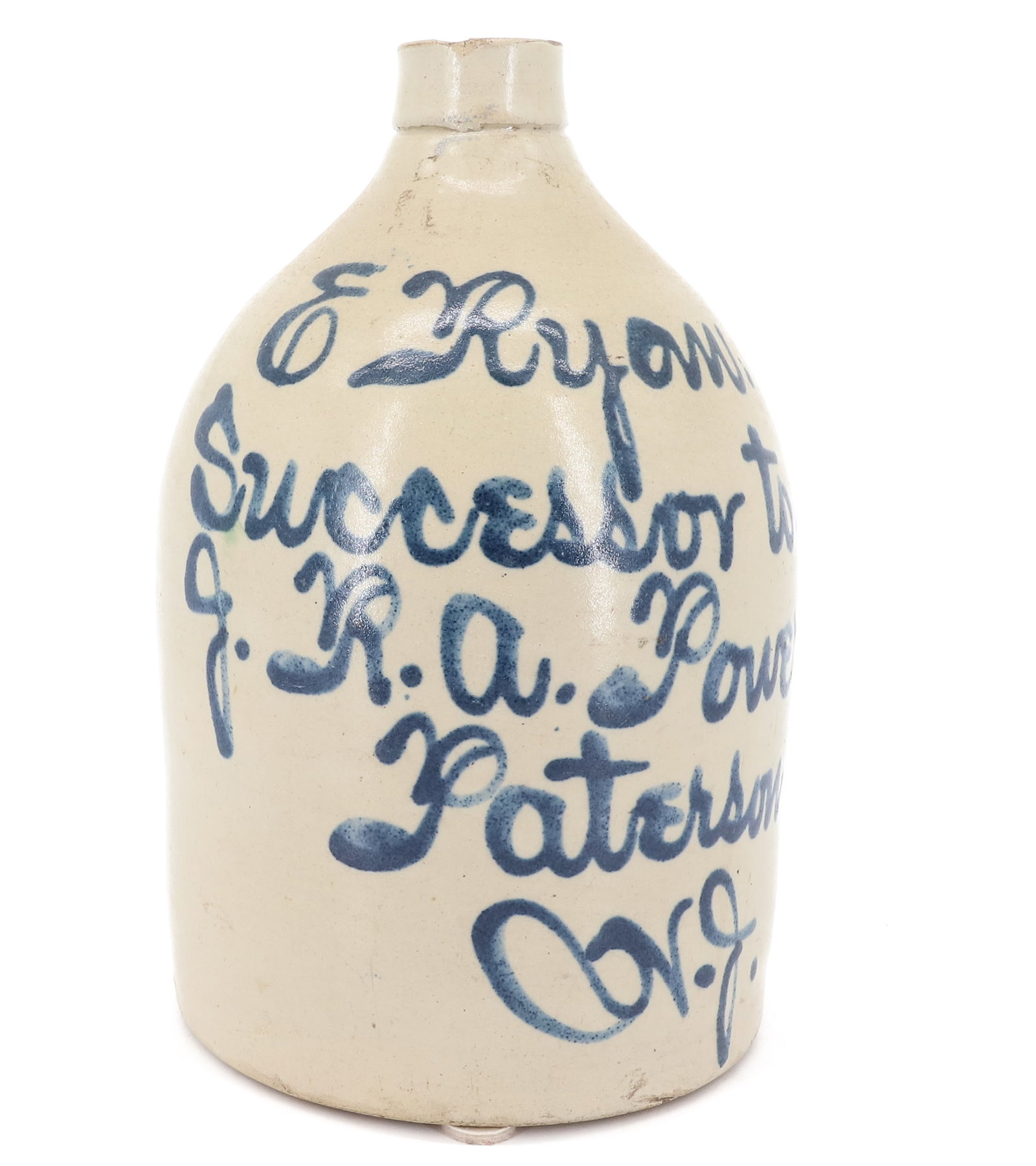 PATERSON, NJ BLUE SCRIPT ADVERTISING JUG: STONEWARE JUG MRKD. "E. RYAN, SUCCESSOR TO J.R.A. POWER, PATERSON, N.J." 11 1/4" H. PLEASE READ CAREFULLY - ITEMS MUST BE PAID FOR THROUGH LIVE AUCTIONEERS OR WITH CASH OR CHECK IN PERSON - Terms for 