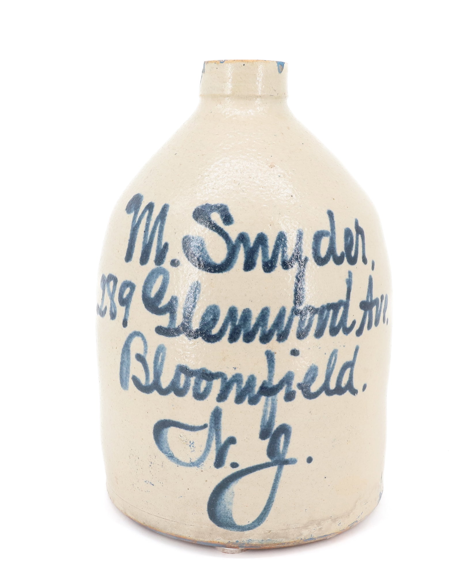BLOOMFIELD, NEW JERSEY BLUE SCRIPT ADVERTISING JUG: STONEWARE JUG MARKED; M. SNYDER 289 GLENWOOD AVE, BOOMFIELD, NJ - 11 1/2" H PLEASE READ CAREFULLY - ITEMS MUST BE PAID FOR THROUGH LIVE AUCTIONEERS OR WITH CASH OR CHECK IN PERSON - Terms for Purchasi