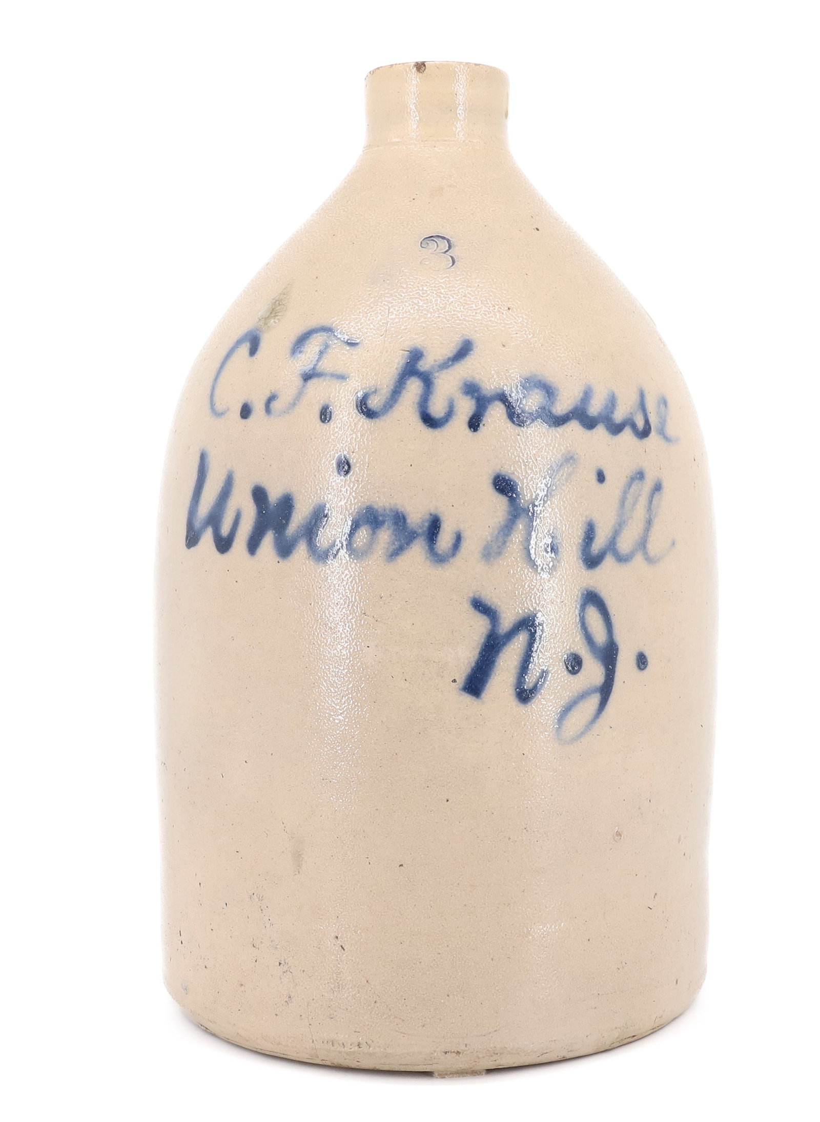 UNION HILL, NEW JERSEY ADVERTISING CROCK: 3 GALLON, BLUE SCRIPT PLEASE READ CAREFULLY - ITEMS MUST BE PAID FOR THROUGH LIVE AUCTIONEERS OR WITH CASH OR CHECK IN PERSON - Terms for Purchasing and Shipping of Auction Items. Please read
