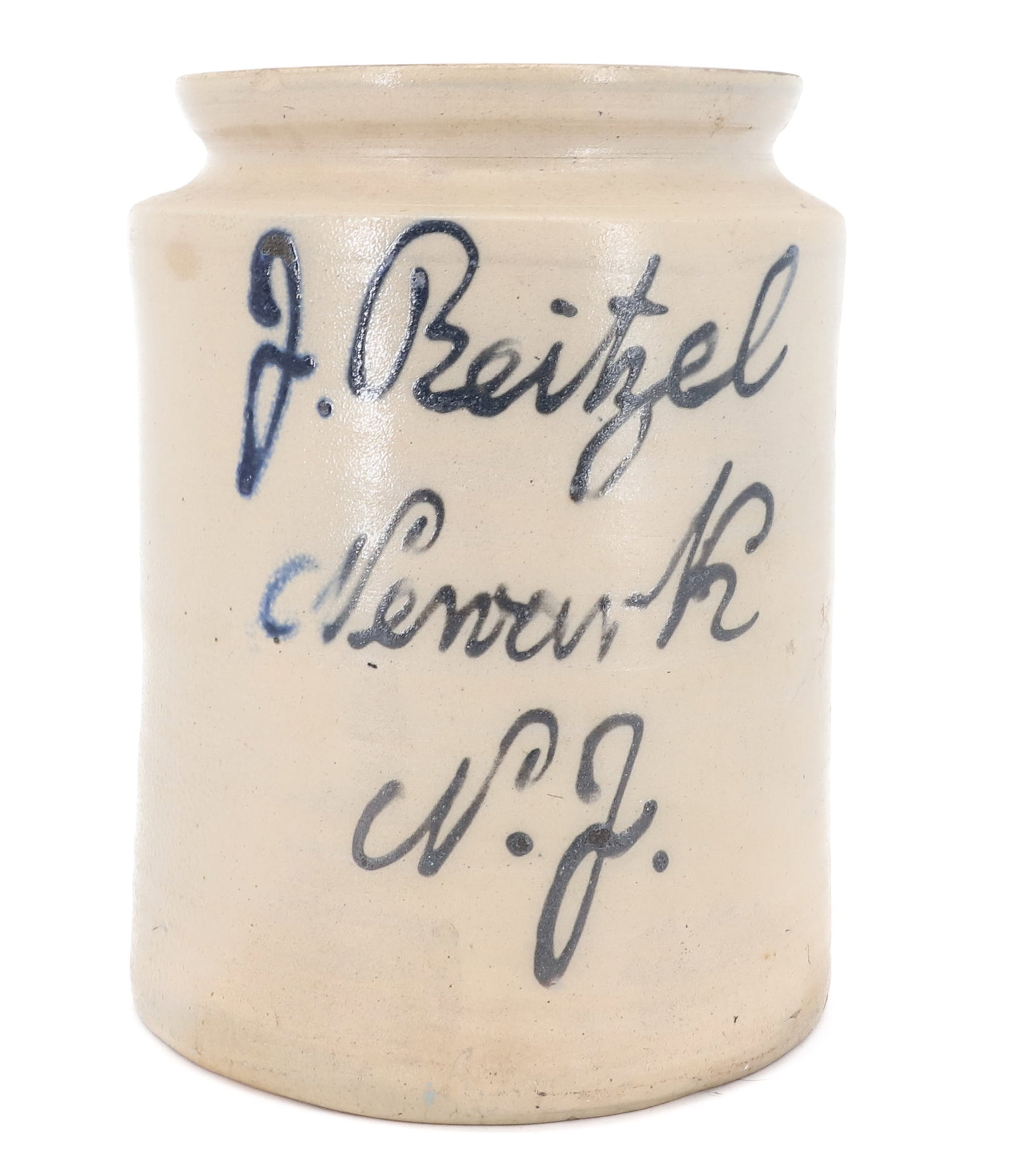 NEWARK, NJ BLUE SCRIPT ADVERTISING CROCK: STONEWARE CROCK MARKED; J. BEITZEL, NEWARK, NJ - 11" H PLEASE READ CAREFULLY - ITEMS MUST BE PAID FOR THROUGH LIVE AUCTIONEERS OR WITH CASH OR CHECK IN PERSON - Terms for Purchasing and Shipping of