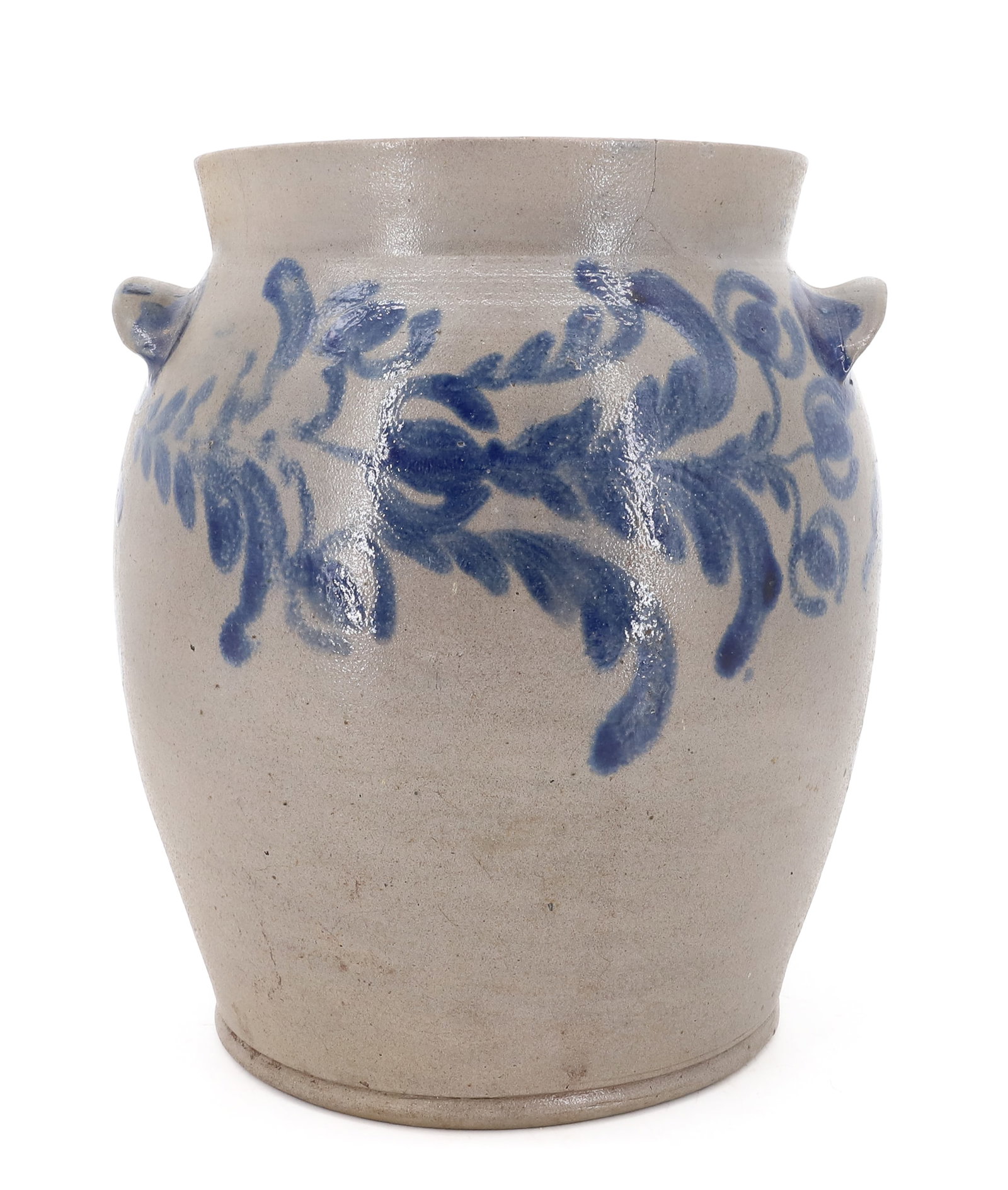 BLUE DECORATED OVOID CROCK: 2 GALLON WITH BLUE FLORAL DECORATION, TAB HANDLES, DOT IMPRESSED #2 - 11 1/2" H PLEASE READ CAREFULLY - ITEMS MUST BE PAID FOR THROUGH LIVE AUCTIONEERS OR WITH CASH OR CHECK IN PERSON - Terms for Purc