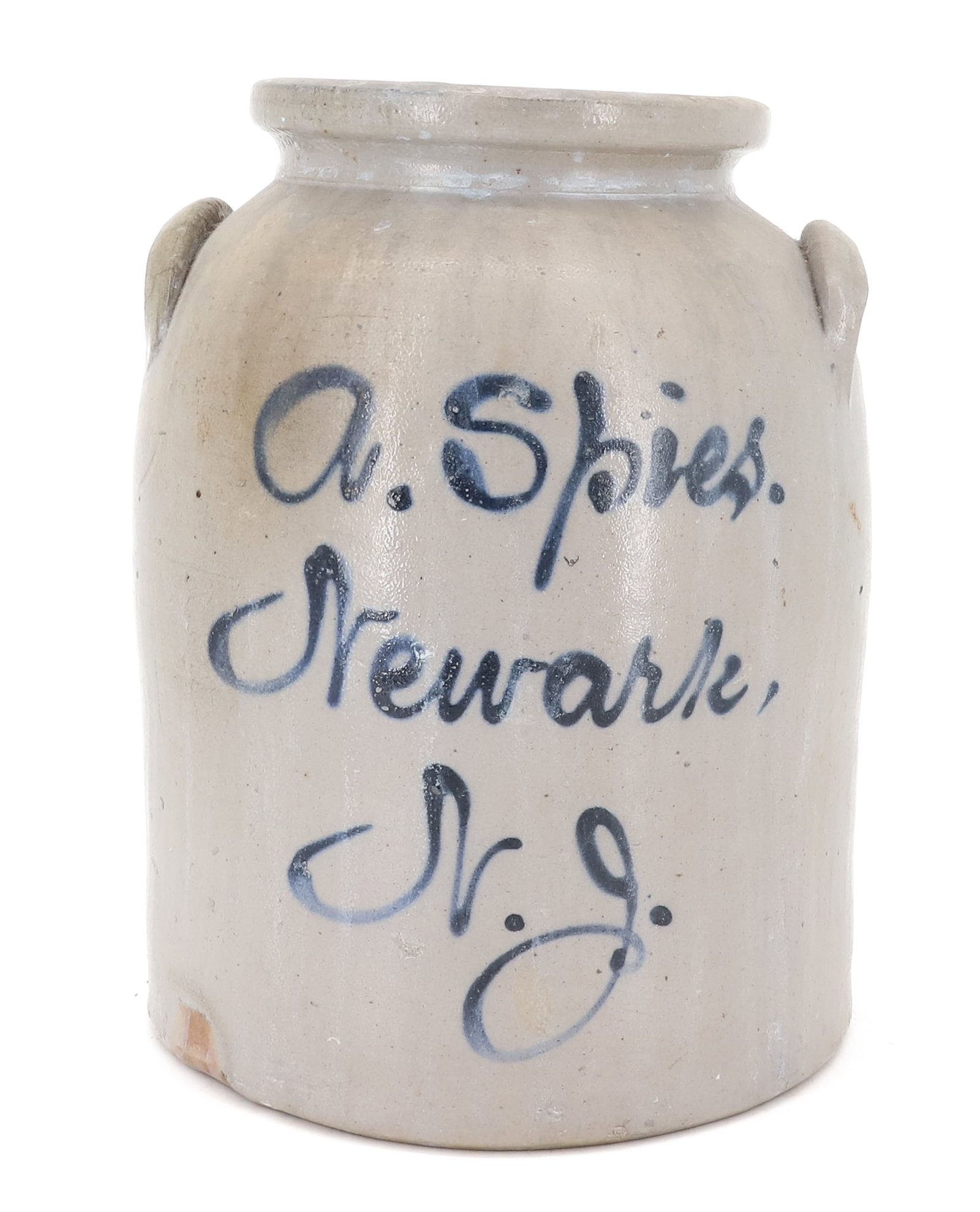 NEWARK, NEW JERSEY BLUE SCRIPT CROCK WITH FLORAL DECORATIONS: A. SPIES - NEWARK, NJ ON ONE SIDE, WITH BLUE FLORAL DECORATION ON OTHER - 11" PLEASE READ CAREFULLY - ITEMS MUST BE PAID FOR THROUGH LIVE AUCTIONEERS OR WITH CASH OR CHECK IN PERSON - Terms for