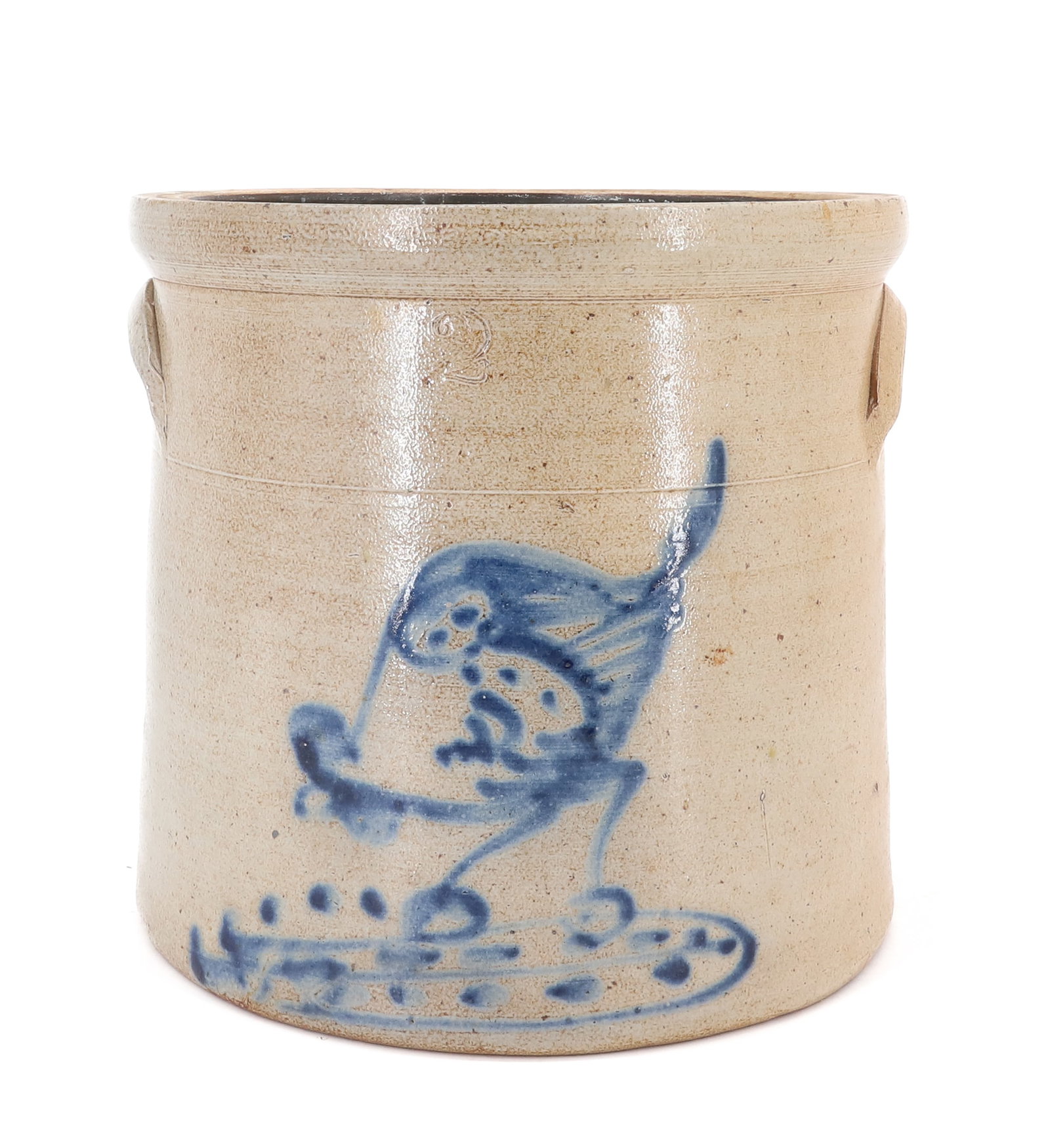 BLUE DECORATED CHICKEN PECKING CORN CROCK: 2 GALLON CROCK, CHICKEN DESIGN, LUGG HANDLES - 9 3/8" X 9 7/8" PLEASE READ CAREFULLY - ITEMS MUST BE PAID FOR THROUGH LIVE AUCTIONEERS OR WITH CASH OR CHECK IN PERSON - Terms for Purchasing and
