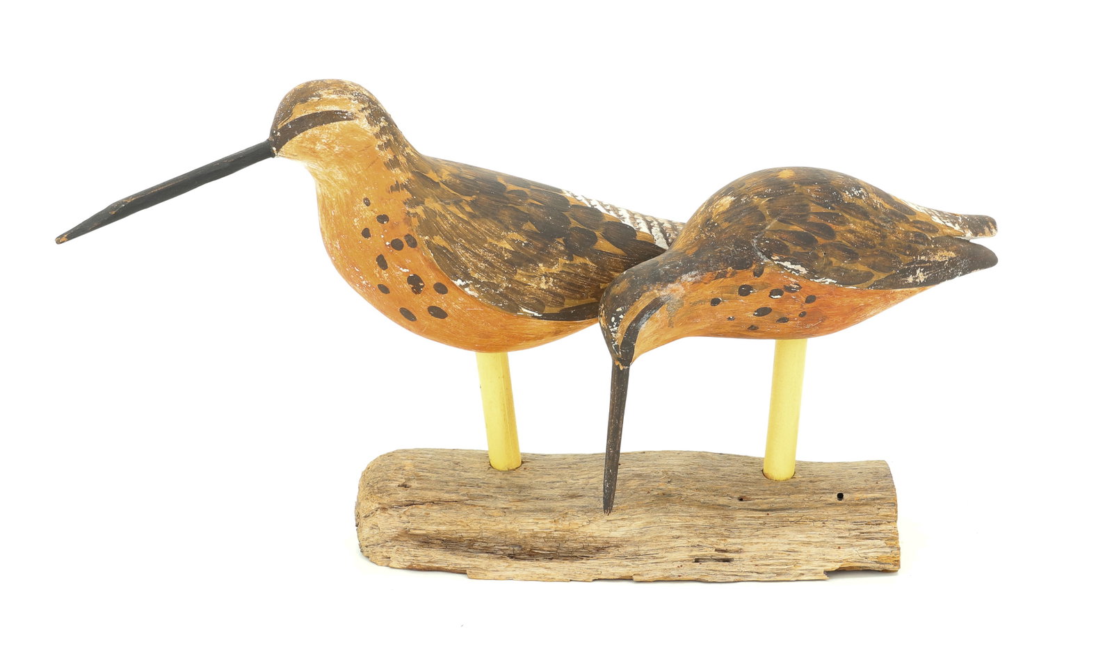 PR. OF FOLK ART CARVED BIRDS: (2) CARVED BIRDS, DISPLAYED ON DRIFTWOOD - ONE MARKED; RHODES 77 - 7 3/4" X 12" PLEASE READ CAREFULLY - ITEMS MUST BE PAID FOR THROUGH LIVE AUCTIONEERS OR WITH CASH OR CHECK IN PERSON - Terms for