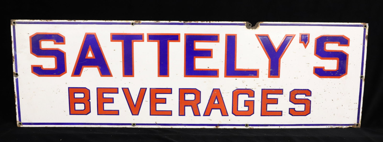 SATTELY'S BEVERAGES PORCELAIN ADVERTISING SIGN: RED / WHITE / BLUE PORCELAIN. MRKD. BOTTOM RIGHT EDGE. 12" X 39". (NEW MILFORD, NJ). PLEASE READ CAREFULLY - ITEMS MUST BE PAID FOR THROUGH LIVE AUCTIONEERS OR WITH CASH OR CHECK IN PERSON - Terms
