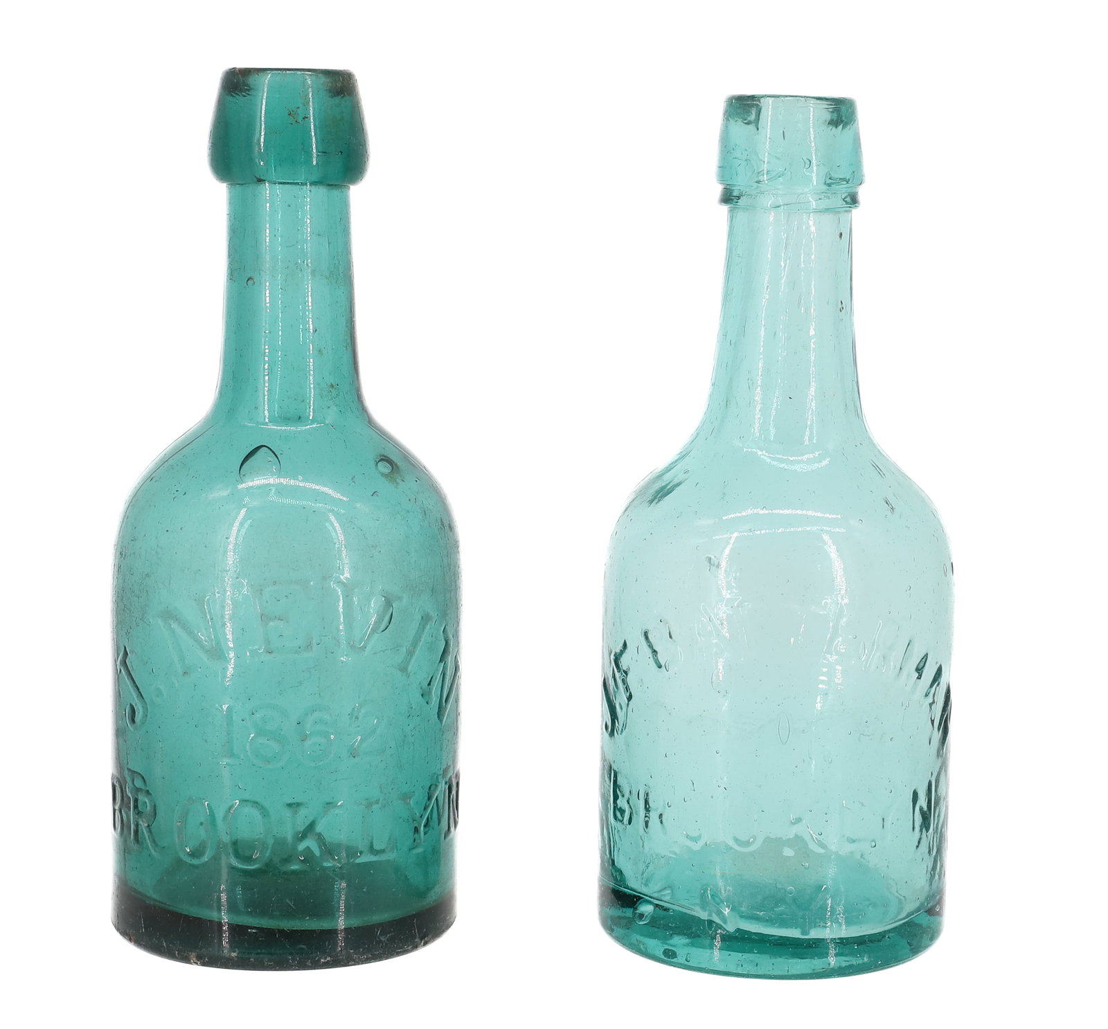 (2) 19TH C. BROOKLYN, NY BOTTLES: INCLUDING: GREEN "J. NEVIN 1862, BROOKLYN" 6 1/2" H. WITH, LIGHT GREEN "J.F. BATTERMAN, BROOKLYN" 6 1/2" H. PLEASE READ CAREFULLY - ITEMS MUST BE PAID FOR THROUGH LIVE AUCTIONEERS OR WITH CASH OR