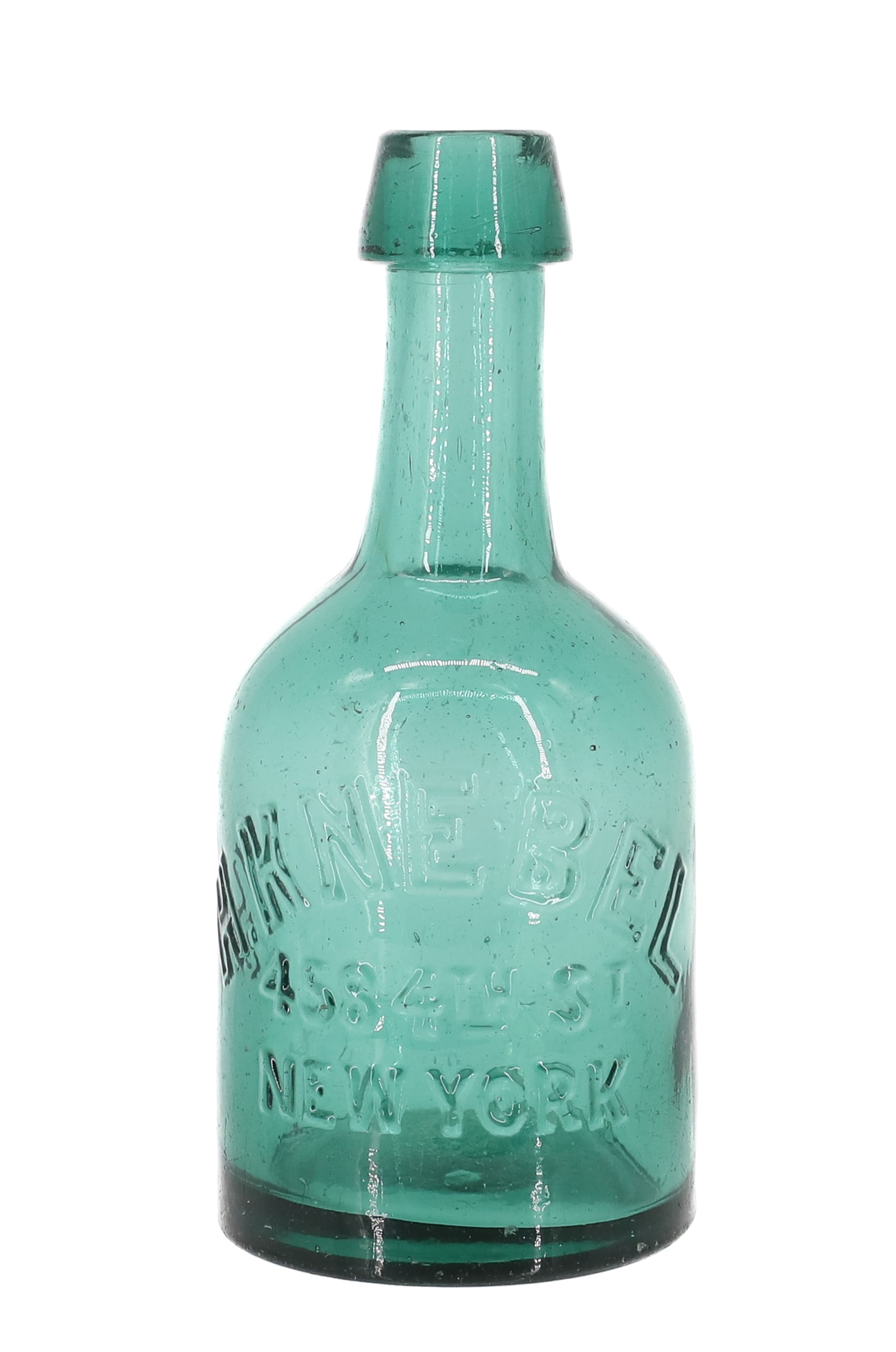 H. KNEBEL, NEW YORK BOTTLE: GREEN EMBOSSED BOTTLE "H. KNEBEL 458 4TH ST. NEW YORK" 6 1/2" H. PLEASE READ CAREFULLY - ITEMS MUST BE PAID FOR THROUGH LIVE AUCTIONEERS OR WITH CASH OR CHECK IN PERSON - Terms for Purchasing and