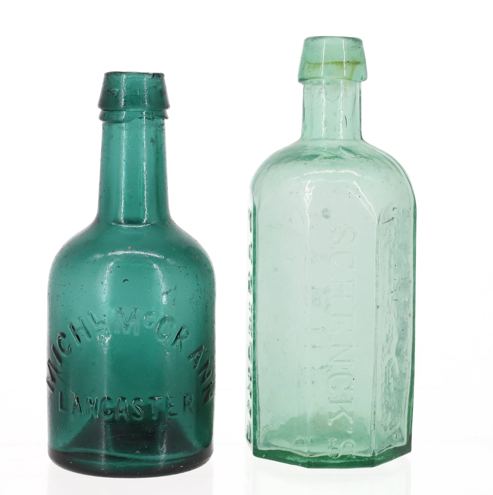 LANCASTER AND PHILADELPHIA, PA BOTTLES: INCLUDING: "MICHL MCGRANN, LANCASTER" IRON PONTIL. 6 5/8" H. WITH, SCHENCK'S PULMONIC SYRUP, PHILAD. OCTAGONAL BOTTLE. 7 1/4" H. PLEASE READ CAREFULLY - ITEMS MUST BE PAID FOR THROUGH LIVE