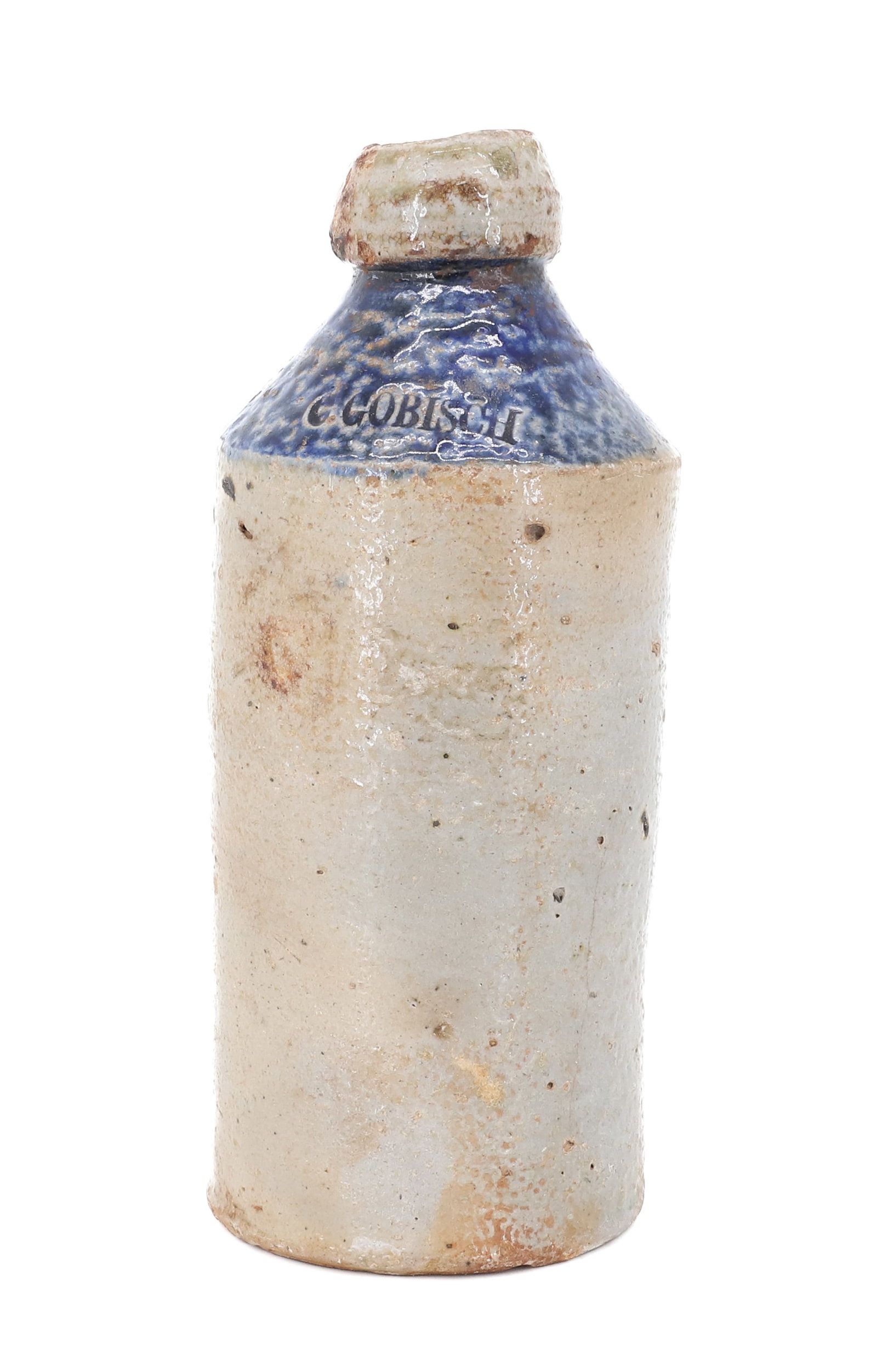 BLUE DECORATED STONEWARE BOTTLE: COBALT BLUE DECORATED TOP, IMPRESSED; C. GOBISCH 7 1/4" H PLEASE READ CAREFULLY - ITEMS MUST BE PAID FOR THROUGH LIVE AUCTIONEERS OR WITH CASH OR CHECK IN PERSON - Terms for Purchasing and Shipping
