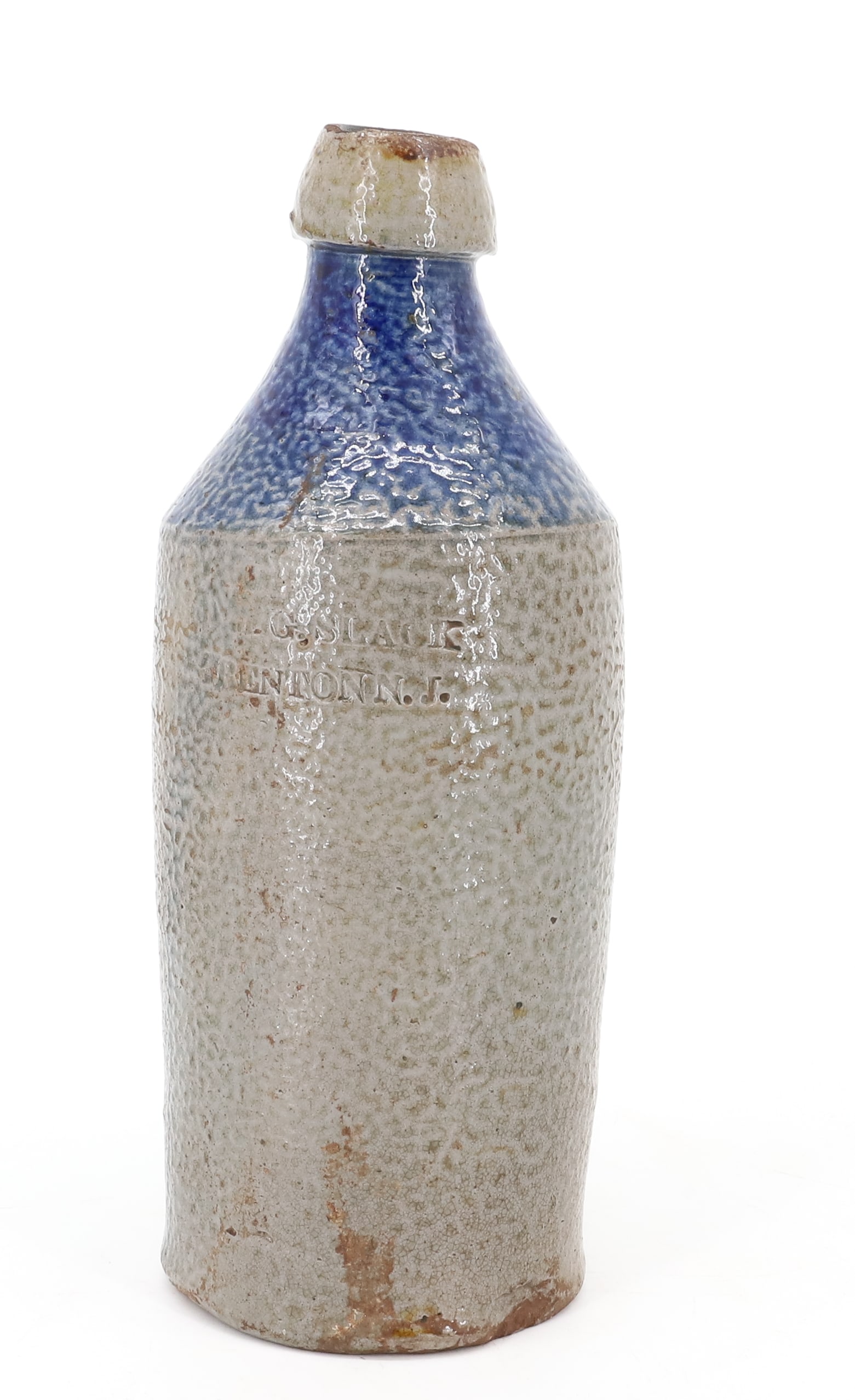 BLUE DECORATED STONEWARE BOTTLE: COBALT BLUE DECORATED TOP, MARKED; G. SLACK, TRENTON, N.J. - 10 1/4" H PLEASE READ CAREFULLY - ITEMS MUST BE PAID FOR THROUGH LIVE AUCTIONEERS OR WITH CASH OR CHECK IN PERSON - Terms for Purchasing an