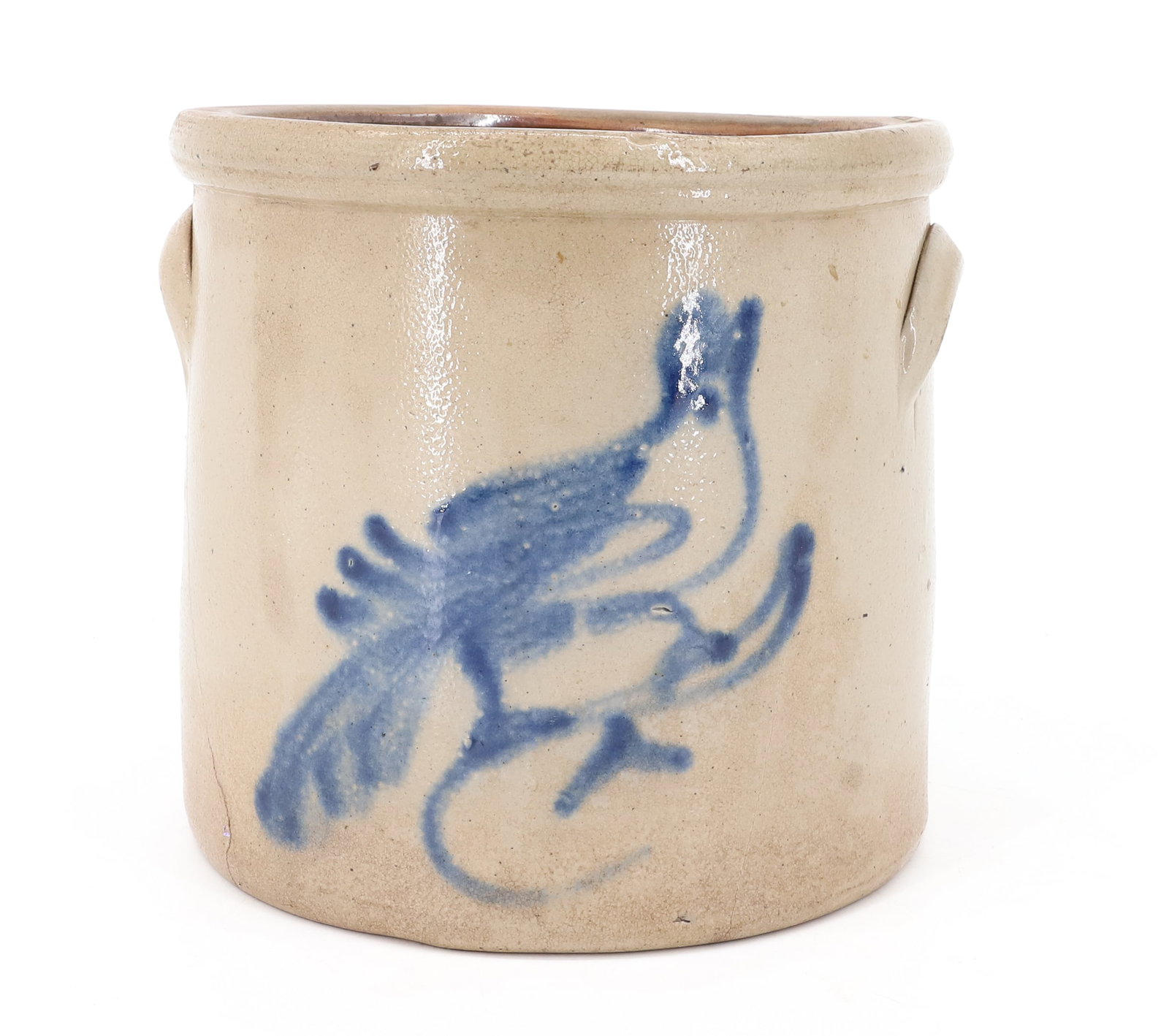 BLUE DECORATED STONEWARE CROCK: BLUE BIRD DESIGN ON FRONT, LUGG HANDLES - 7 1/4" X 7 3/4" PLEASE READ CAREFULLY - ITEMS MUST BE PAID FOR THROUGH LIVE AUCTIONEERS OR WITH CASH OR CHECK IN PERSON - Terms for Purchasing and Shipping