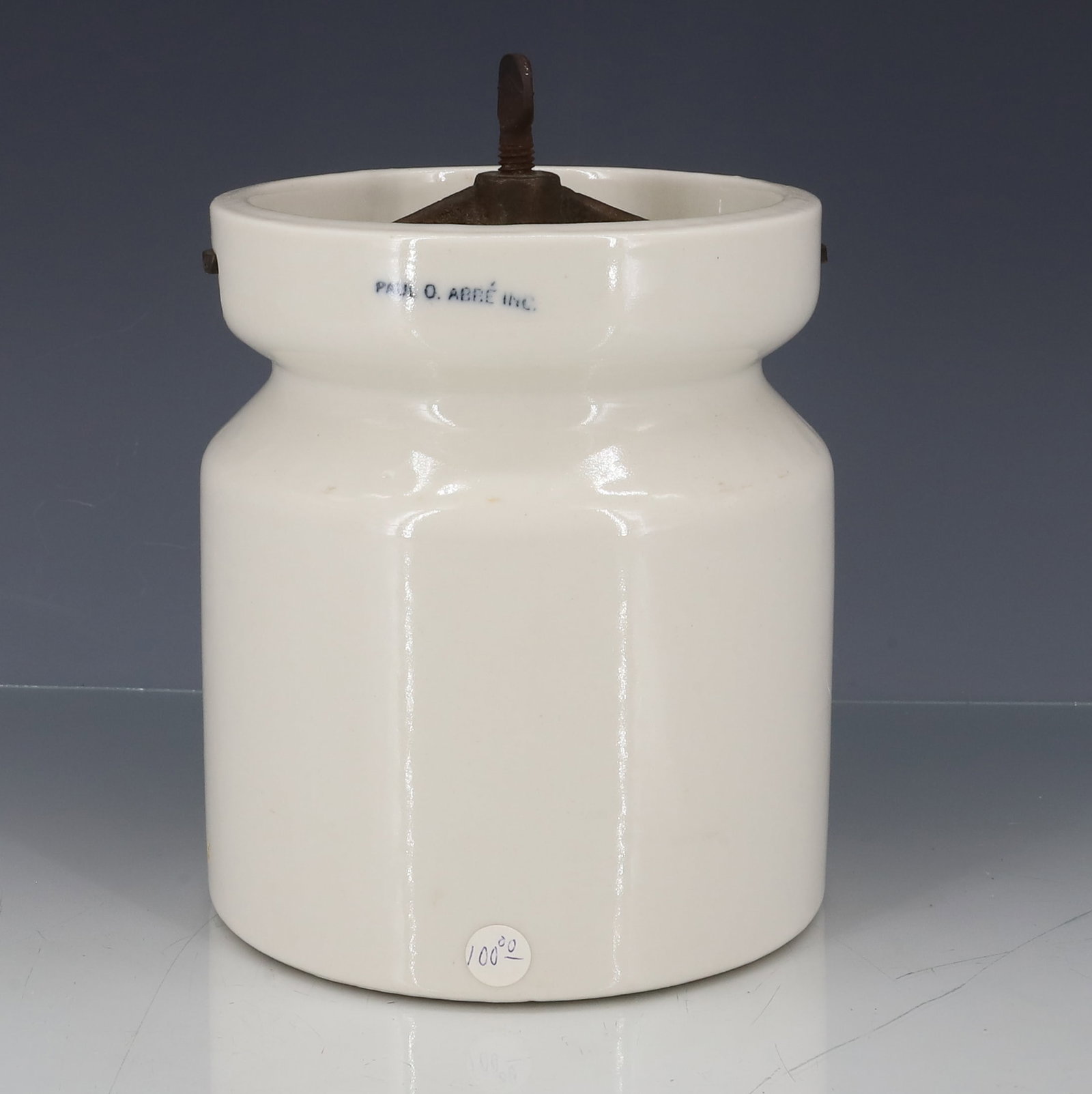 STONEWARE LIDDED CONTAINER: JAR W/ INSET LID AND IRON LATCH WITH THUMBSCREW. 6" H. PLEASE READ CAREFULLY - ITEMS MUST BE PAID FOR THROUGH LIVE AUCTIONEERS OR WITH CASH OR CHECK IN PERSON - Terms for Purchasing and Shipping of