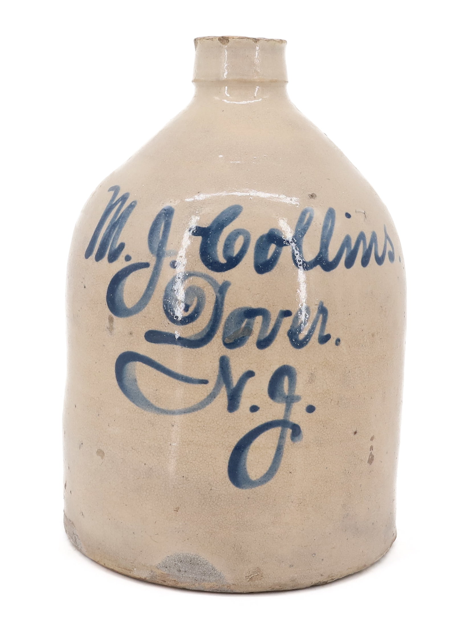 DOVER, NJ STONEWARE ADVERTISING JUG: M.J. COLLINS, DOVER, N.J. 11" H. PLEASE READ CAREFULLY - ITEMS MUST BE PAID FOR THROUGH LIVE AUCTIONEERS OR WITH CASH OR CHECK IN PERSON - Terms for Purchasing and Shipping of Auction Items. Please re